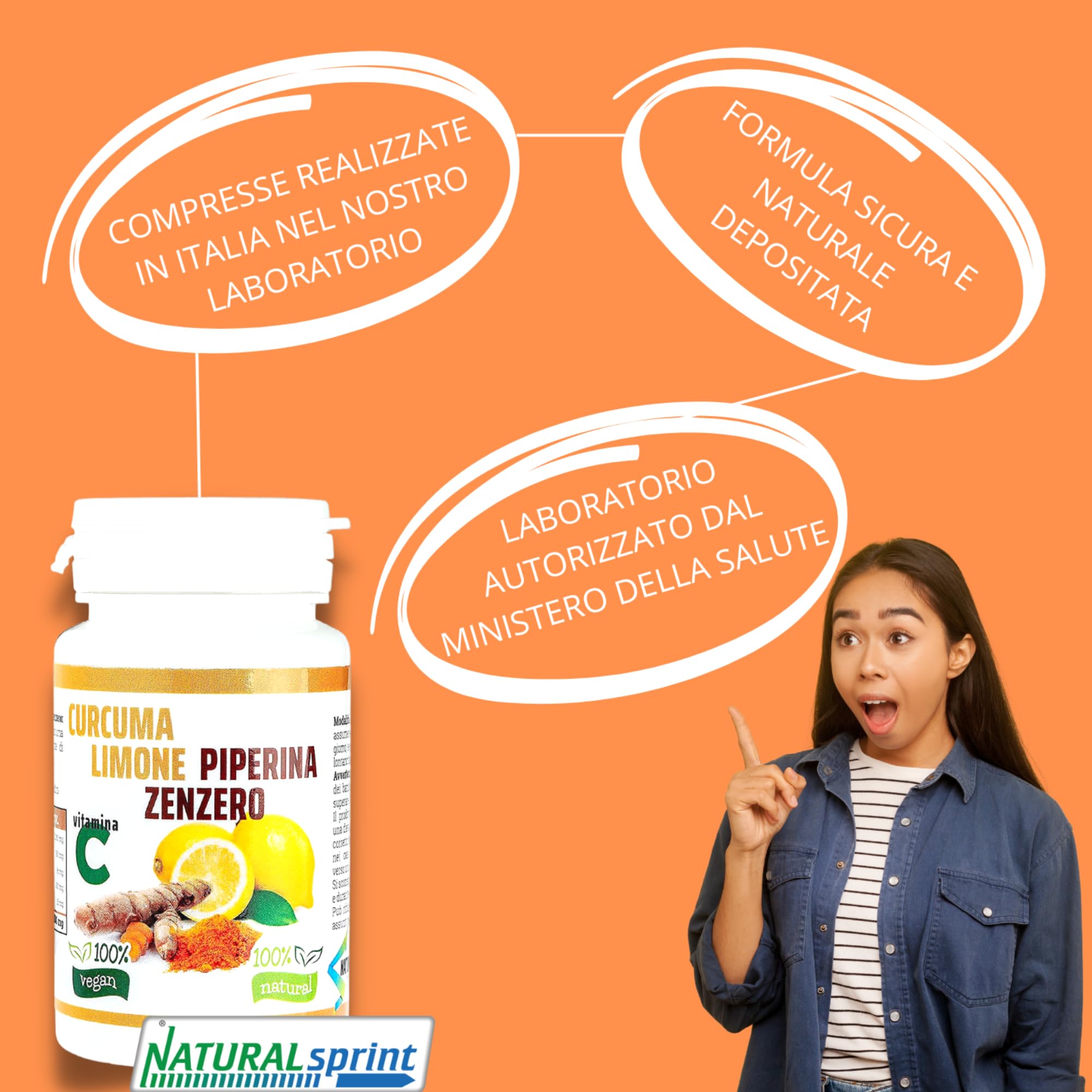 Curcuma Piperina e Vitamina C plus Limone e Zenzero. Dose Forte di Curcuma 5000 mg e Vitamina C + Piperina + Zenzero 130 Compresse Vegane Senza Zuccheri e senza Glutine, Made in Italy