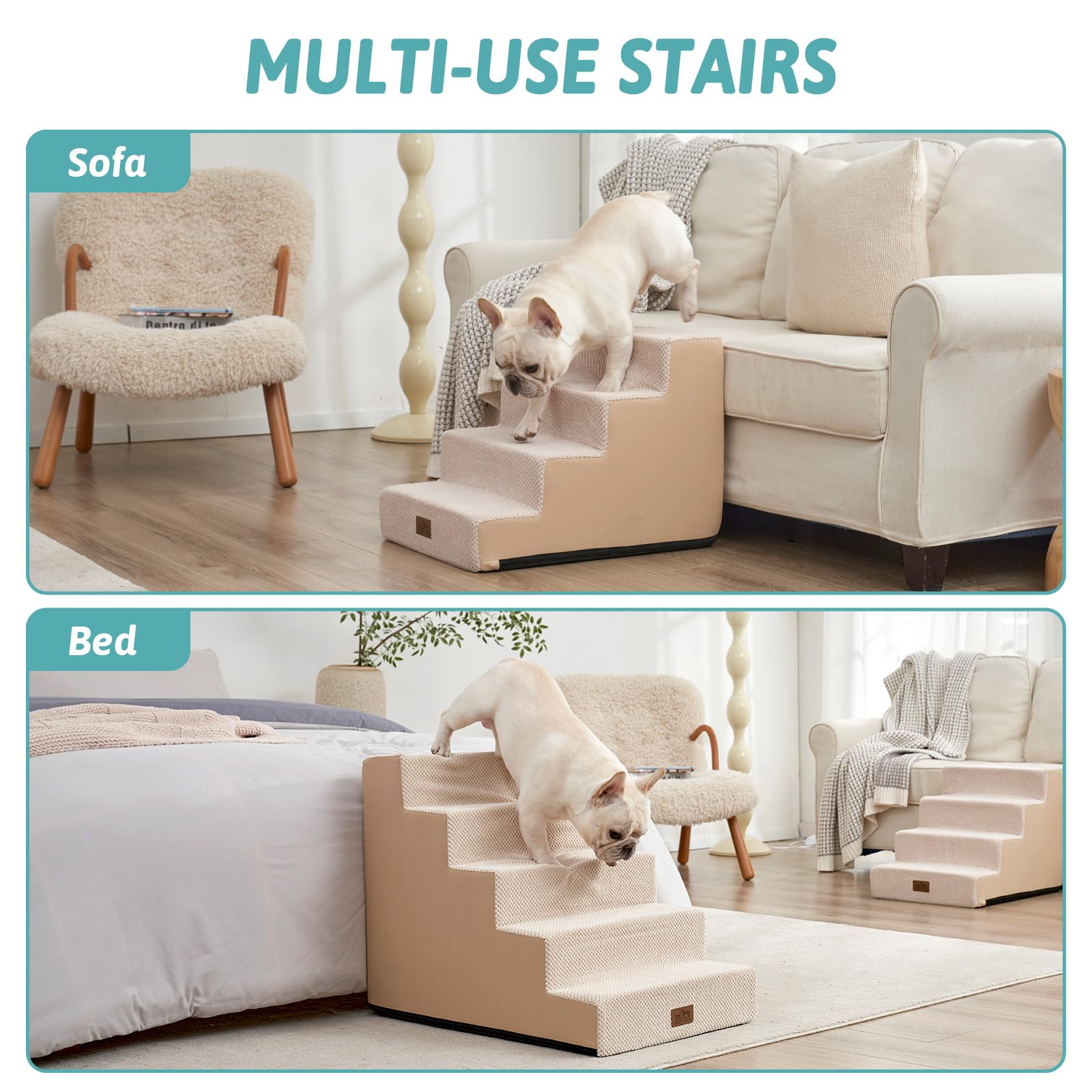 COZY KISS Escaliers pour Chiens 5 Marches 60 cm Large Escalier pour Animaux Lit Canapé Housse Amovible Lavable Antidérapant Beige 75x50x60cm