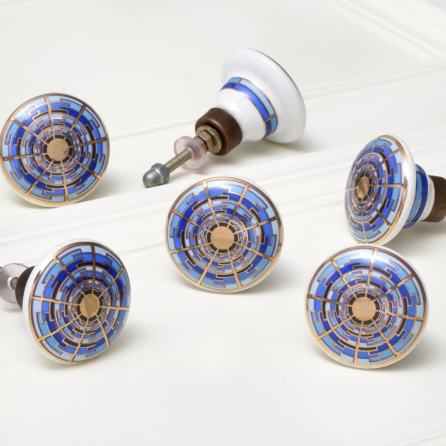 Indian Shelf 6 Piece Sapphire Hue Ceramic Multicolor Decorative Drawer Knobs Cabinet Handles Dresser Pulls Modern Finish