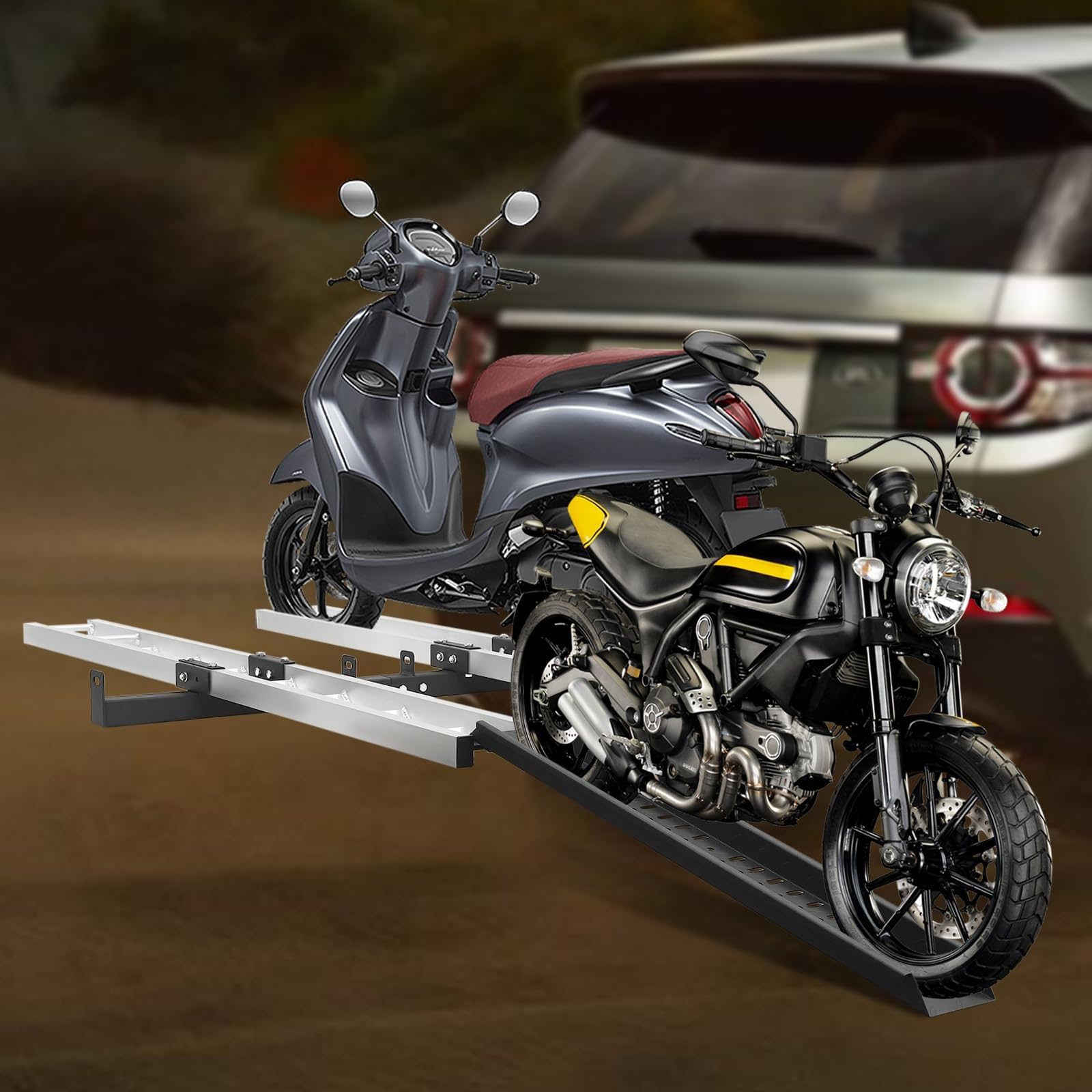 Support D'attelage De Moto En Aluminium De 600 LBS, Support De Vélo Toutterrain Robuste Monté Sur Attelage Avec Rampe De Chargement Et Dispositif De Verrouillage, Support Arrière De Moto For 2 Vélos F