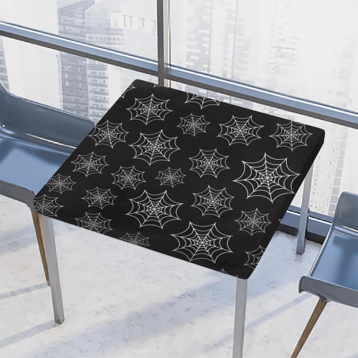 Halloween Tablecloth with Elastic Edge, Halloween Table Cloth Black Spider Waterproof Square Fitted Tablecloth, Wipeable Washable Tablecloths for Dining Kitchen Party Indoor Patio Table 46 x 46 Inch