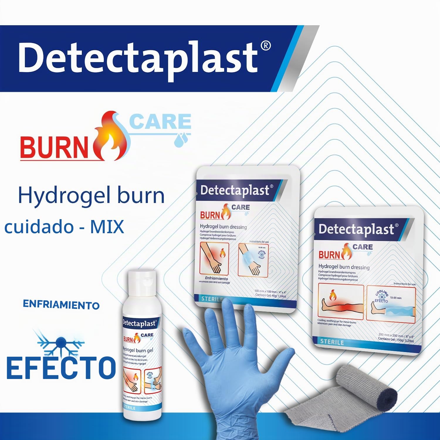 Detectaplast Kit de quemaduras con compresas para quemaduras, gel para heridas, vendajes, guantes, compresas estériles de hidrogel y ungüento para quemaduras – Set de quemaduras
