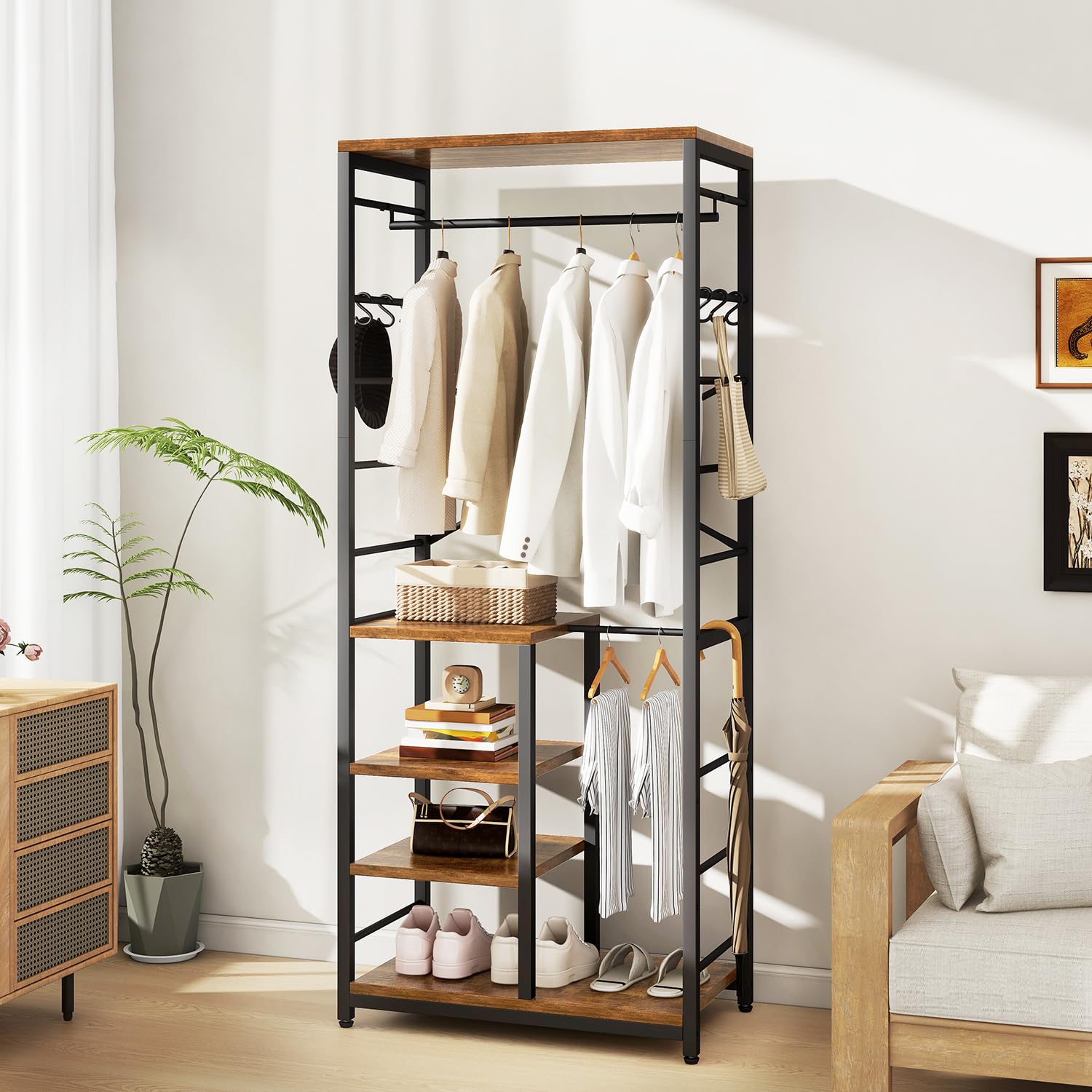 IBUYKE Portemanteau autonome avec 4 Roulettes Pivotantes à 360°, avec étagères et crochets, porte-manteau industriel pour entrée, couloir, chambre à coucher, Marron Rustique TMJ089H