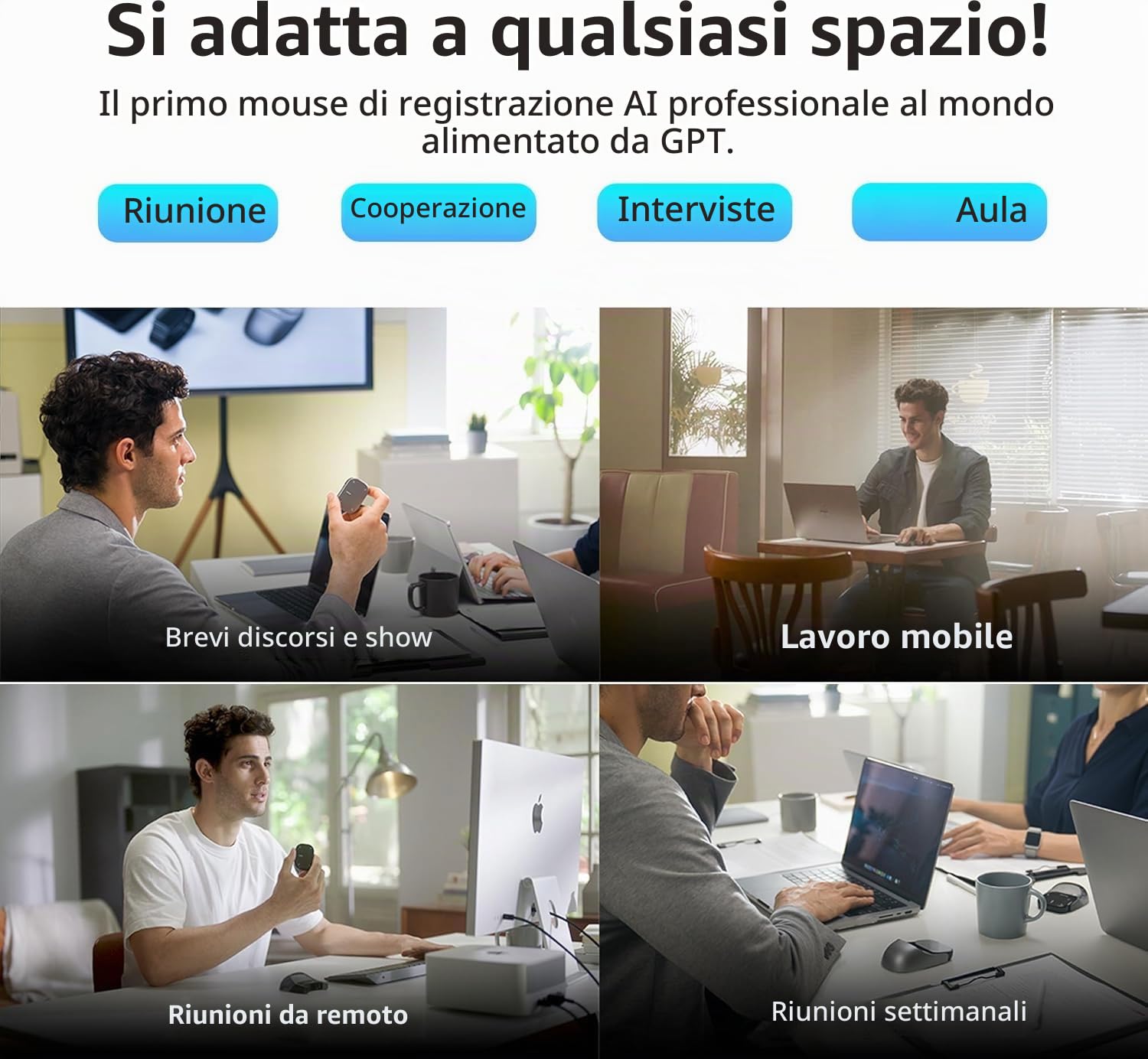 OBA Cheerdots Mouse Wireless 2-in-1, Mouse Aria Rimovibile con Puntatore Laser e Touchpad, Presentatore per Conferenze, Compatibile PC/Mac/Portatile, Argento