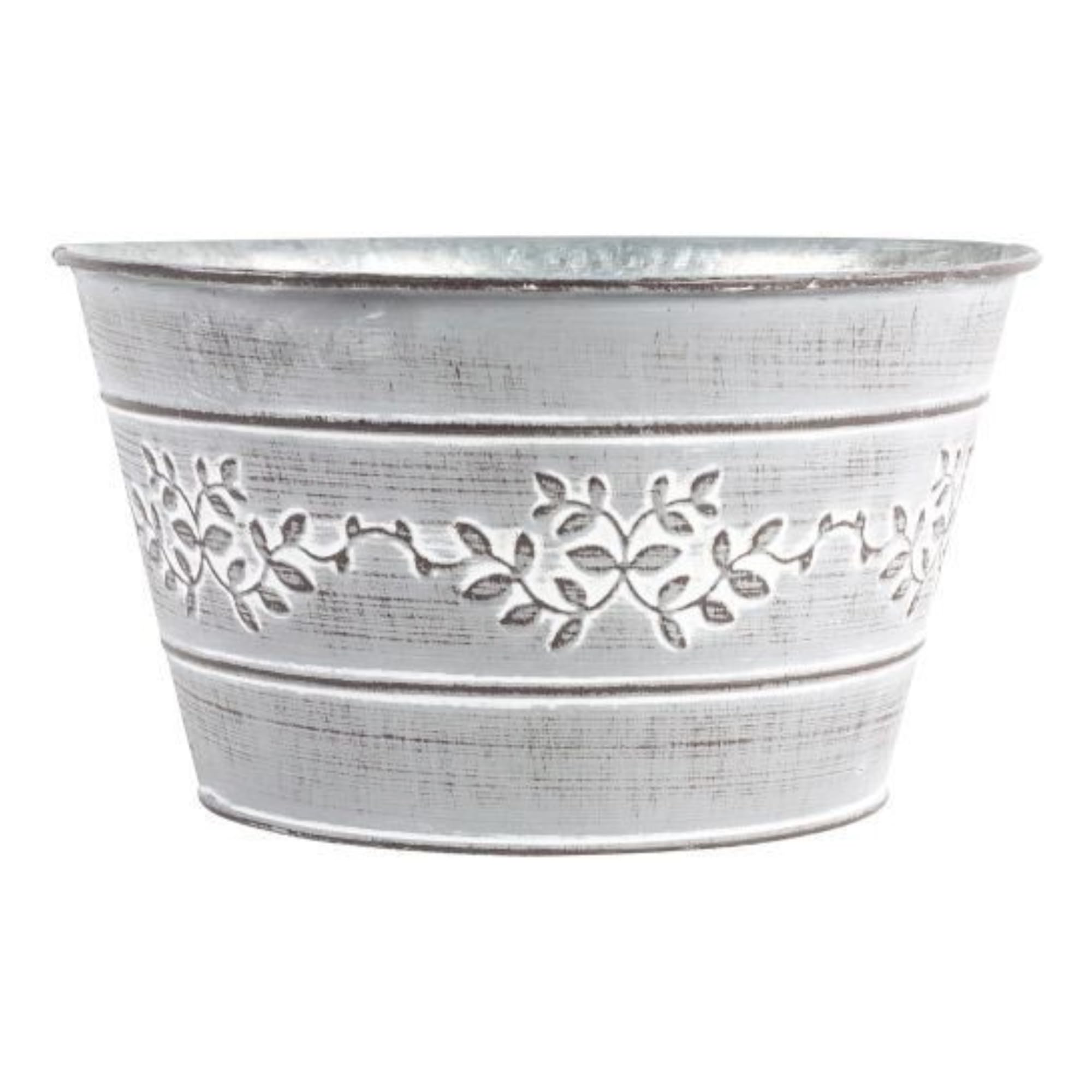 Grey Metal Leafy Vine Bowl Planter Tin Pail 21cm, 8inch Indoor Outdoor Garden Flower Plant Pot Weatherproof Decorative Gift (1)