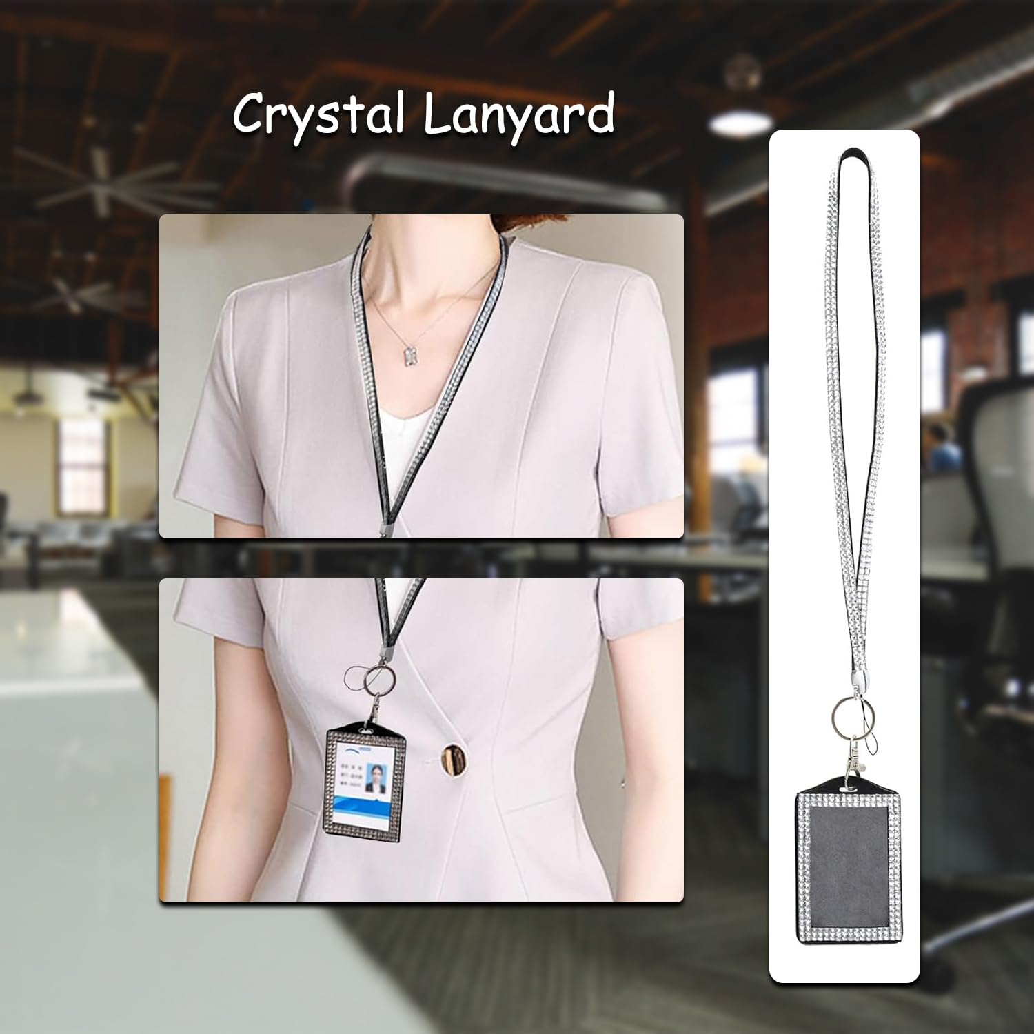 Rumyve Rhinestone Crystal Glitter Lanyard With ID Card Sleeve, Metal Buckle Keyring, and Bling Necklace, clear - Image 3