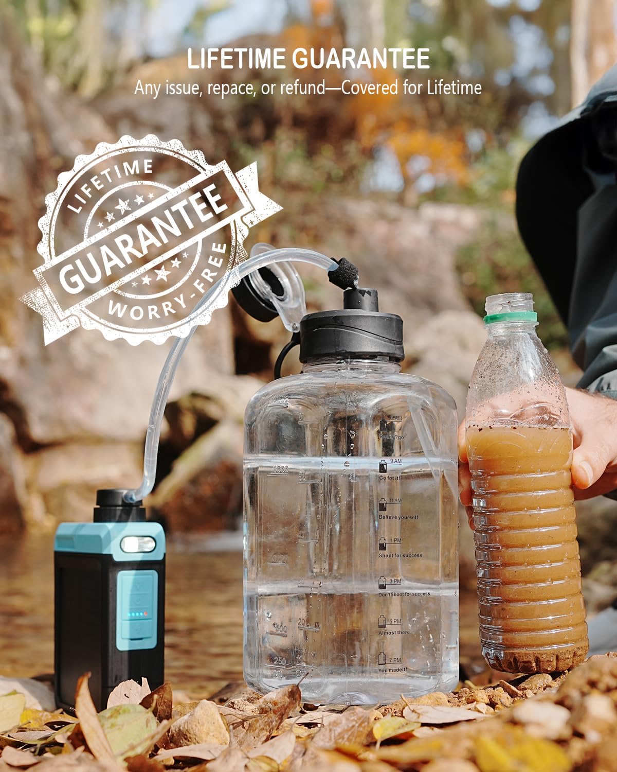 BKLES Filtre à eau électrique solaire 3 en 1 avec pompe à main, système de filtration d'eau de camping, purificateur d'eau portable avec lumière d'urgence, équipement de survie pour la randonnée,