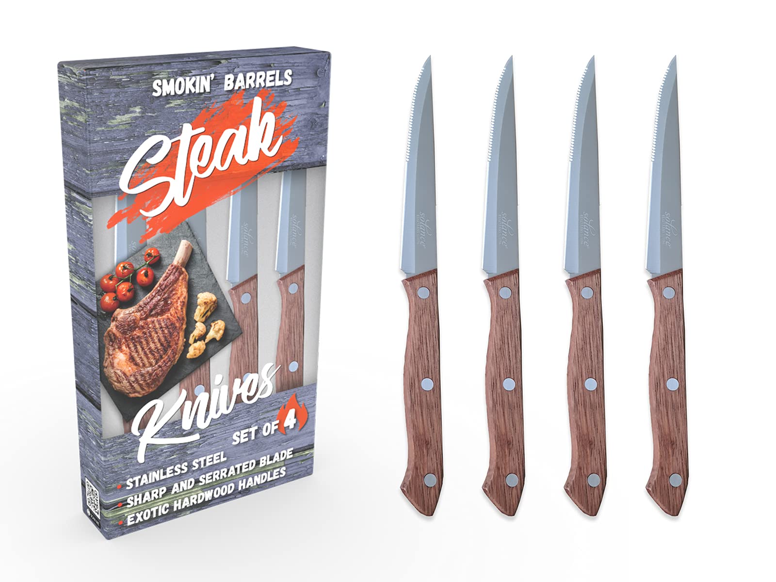 SolanceSmokin' Barrels Steak Knives with Exotic Hardwood Handles - Set of 4