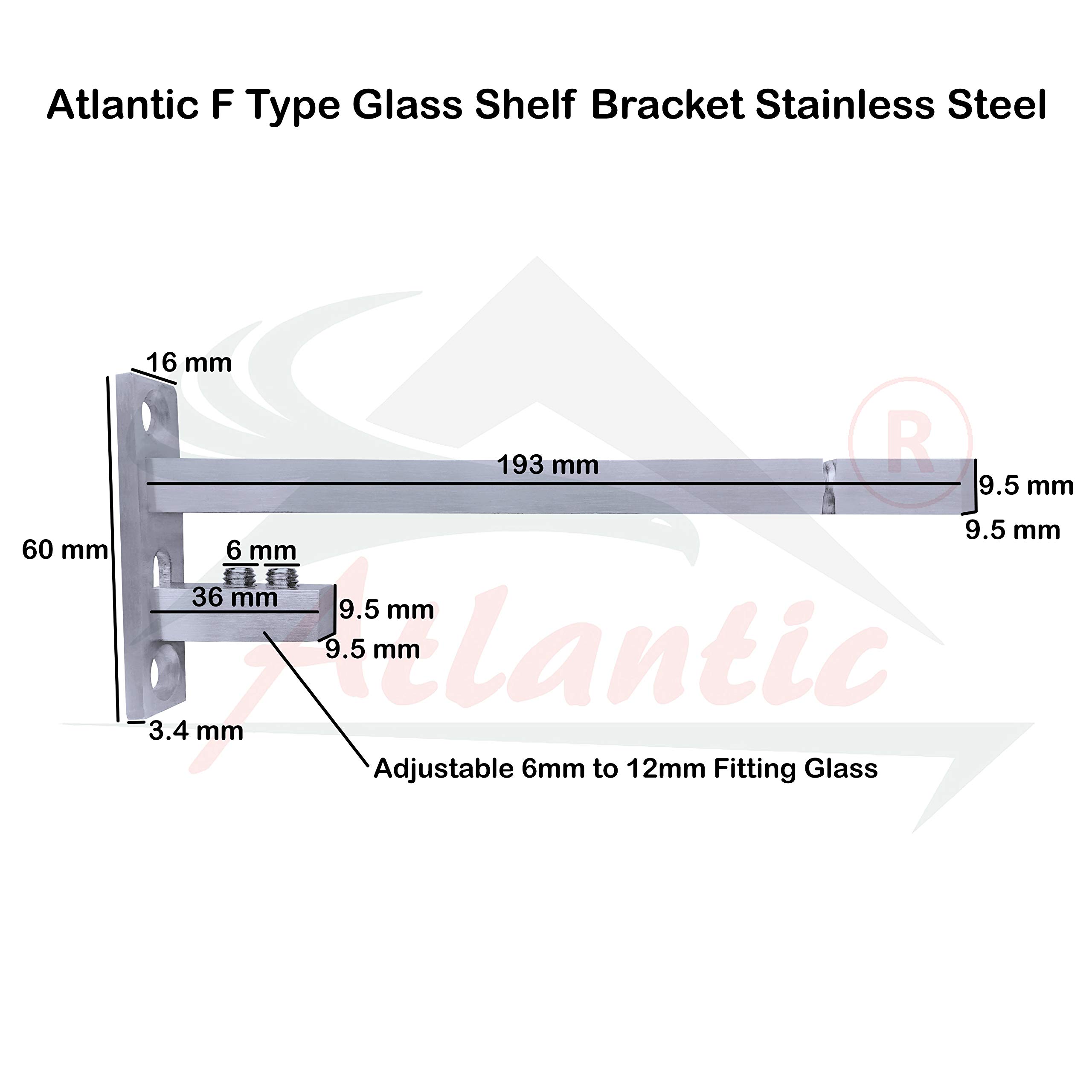 Atlantic F Type Glass Shelf Brackets - Stainless Steel -3 Atlantic F Type Glass Shelf Brackets - Stainless Steel -3