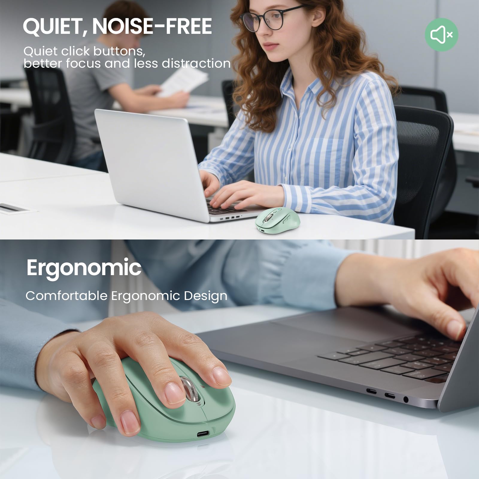INFINMIND Mouse wireless Bluetooth per laptop, USB+BT × 2, silenzioso, mouse per computer Ergo, in metallo a 4 vie, ± 3200 DPI, ricaricabile, 9 pulsanti, mouse cordless multi dispositivo per iPad