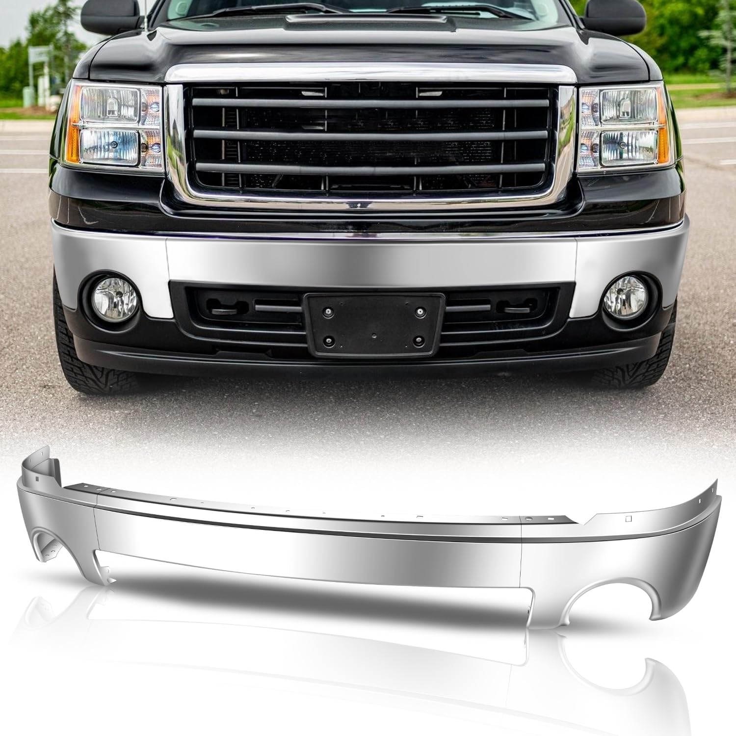 Auto Dynasty Front Bumper Compatible with 2007-2013 GMC Sierra 1500, Bumper Impact Face Bar with Fog Light Cutout, Non Tow Package, Polished Chrome