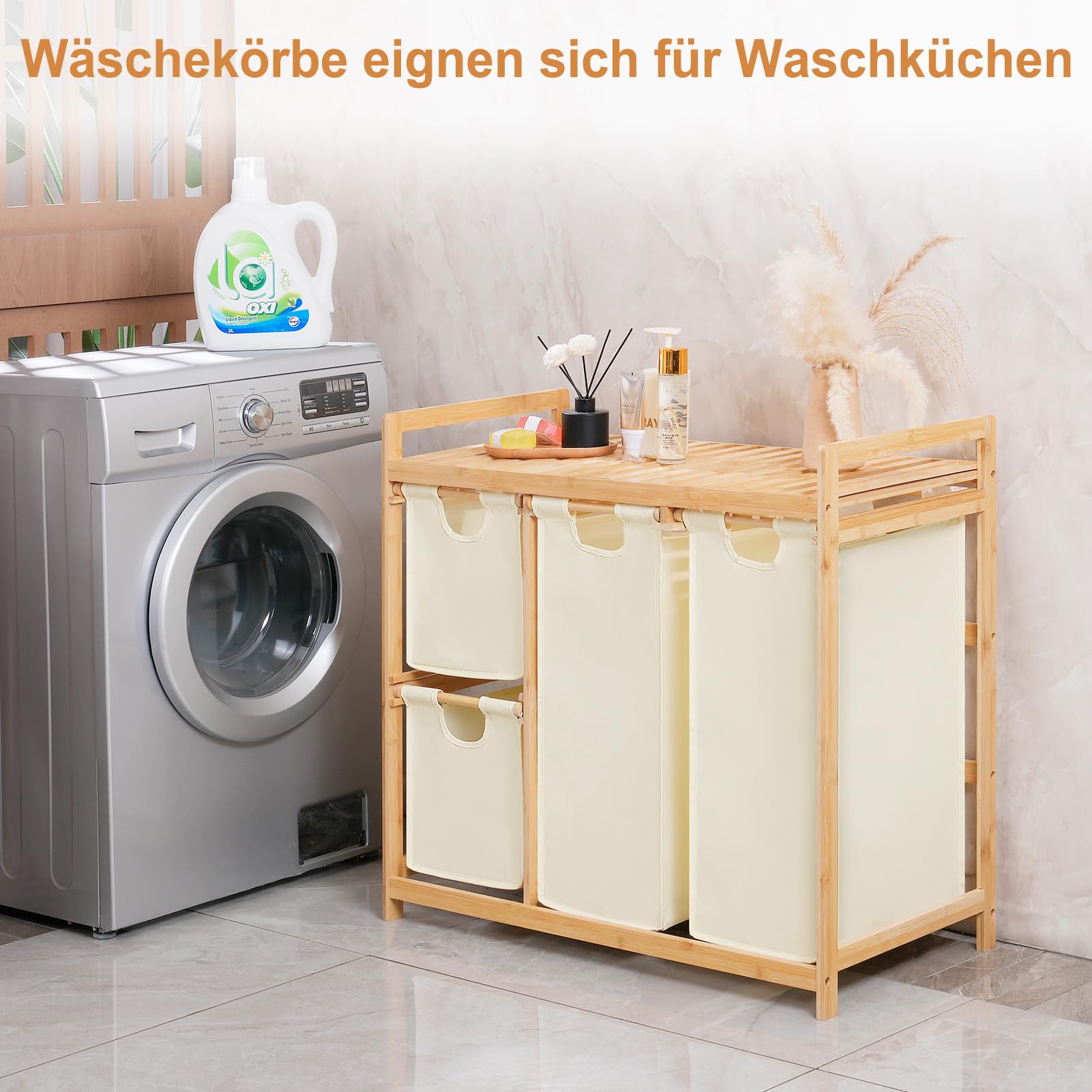 iEGrow Wäschekorb 4 Fächer 150L, Wäschesammler 4 Fächer, Bambus Wäschewagen mit Ablage für Schmutzwäsche, Push-Pull Wäschesack aus Oxford-Gewebe, 2 x 50 L, 2 x 25L Wäschebox Beige