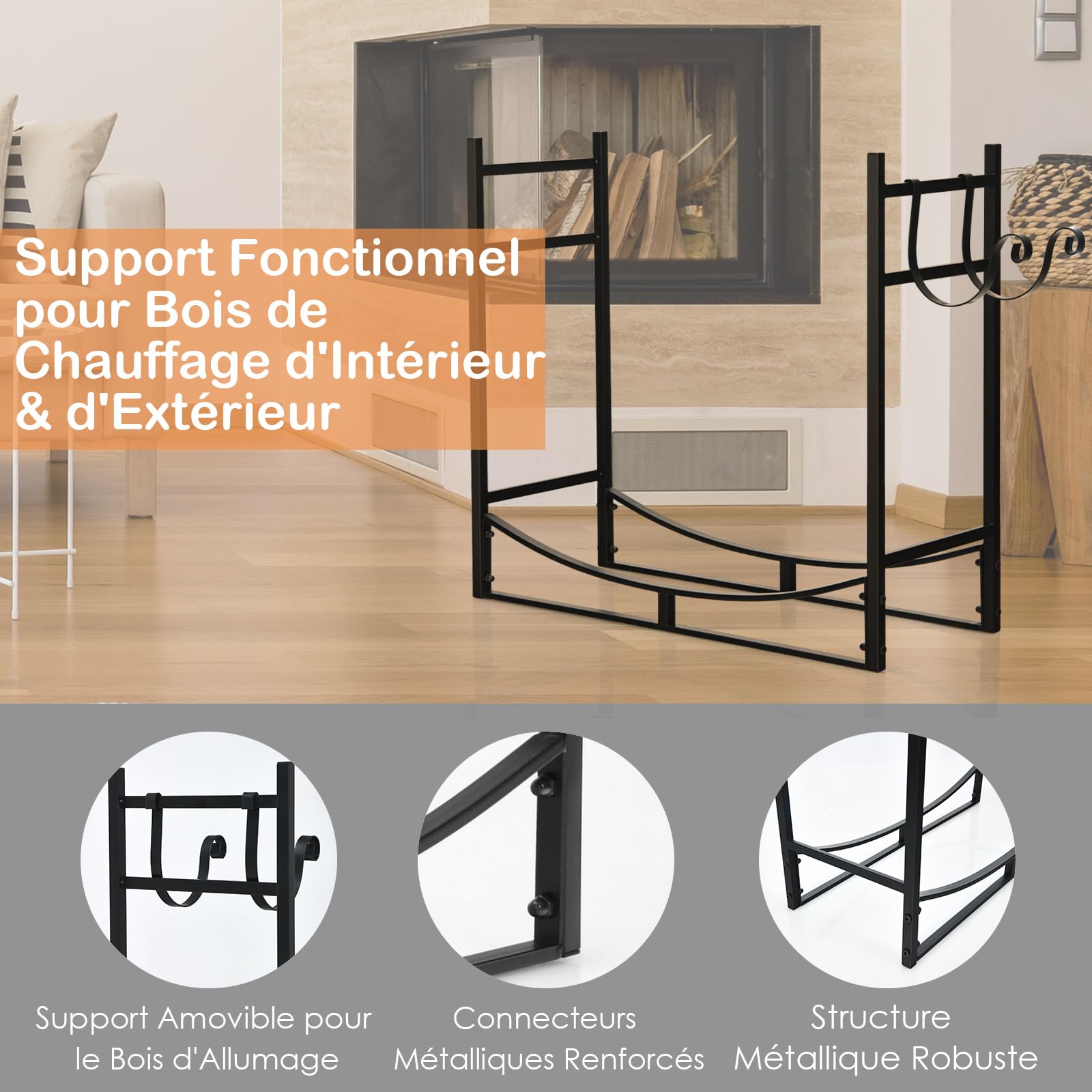 GYMAX Porte-Bûches Métal 50 kg 82,5 x 33 x 76,5 cm Intérieur Extérieur