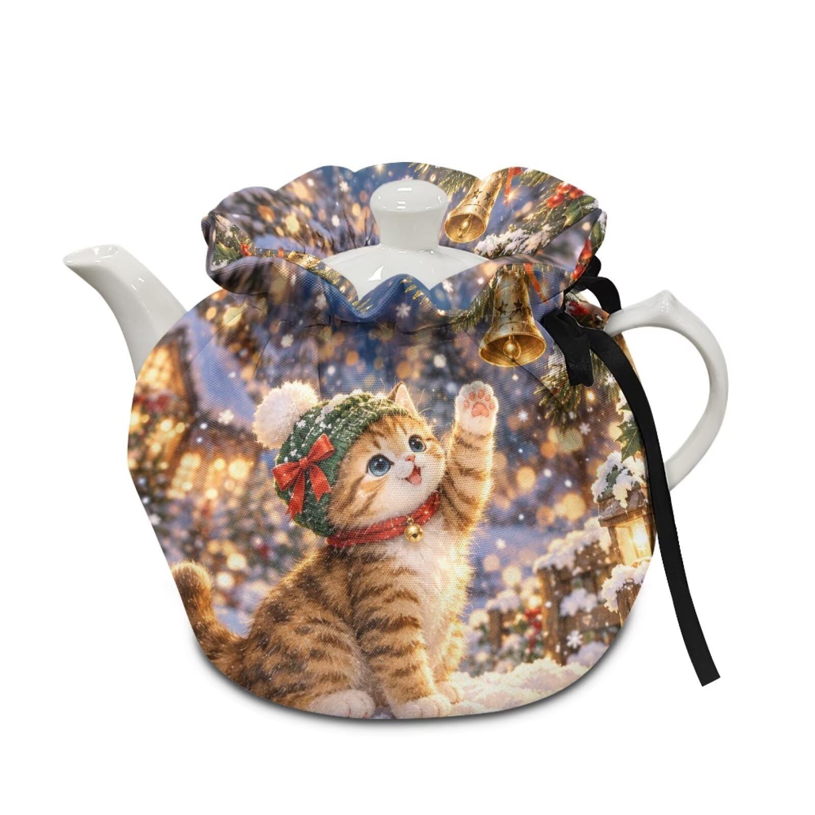 Poceacles Christmas Teapot Dust Cover Tea Cosy for Teapots Decorative Tea Kettle Cover with Insulation Pad Keep Breakfast Warm for Kitchen Home Table Top, Christmas Cat Print