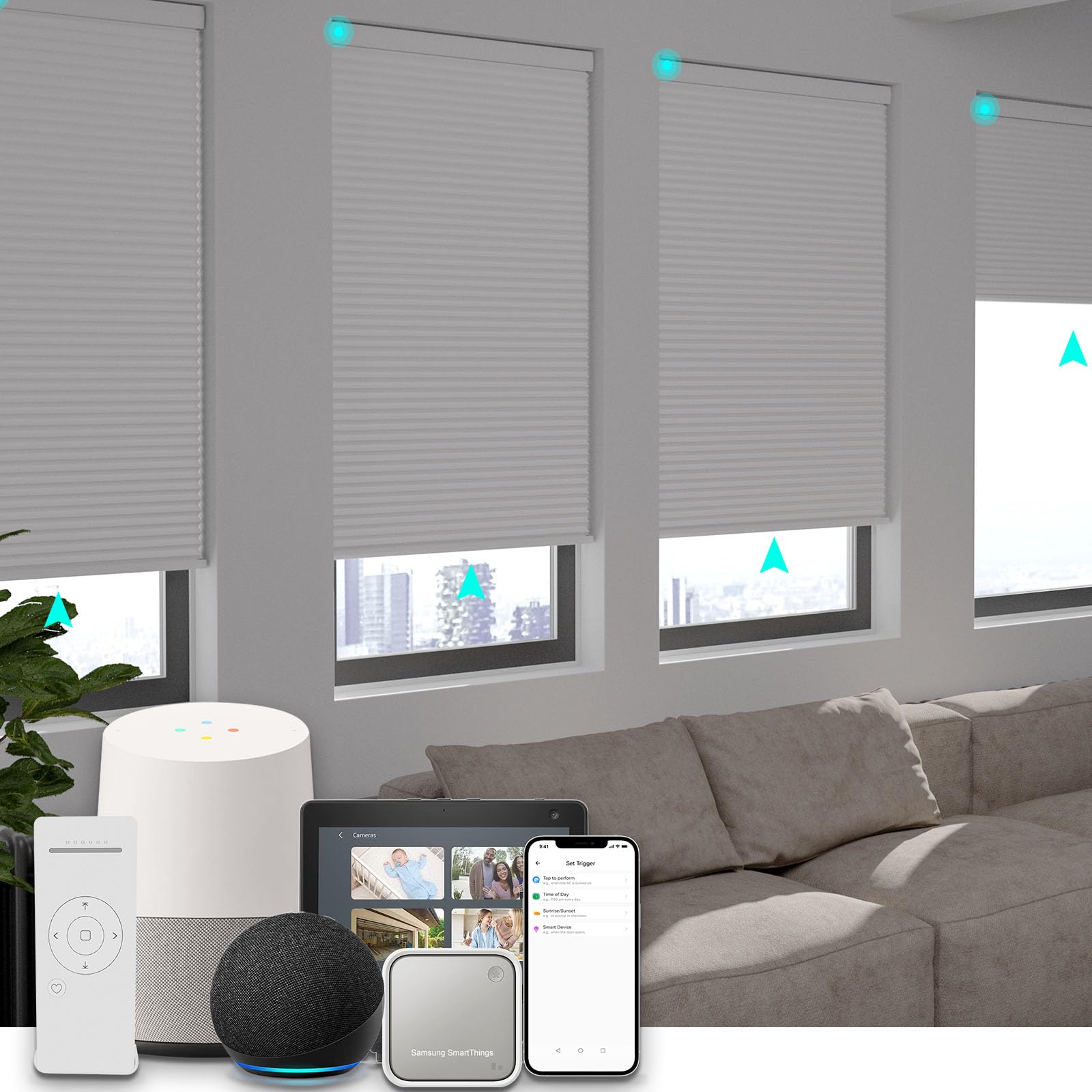 Changshade Motorized Cellular Shades with Remote Control Smart Blinds Compatible with Alexa, Google Home, Smarthings, Custom Size Electronic Automatic Shades for Indoor Windows Doors, Blackout, WhiteOEKO-TEX STANDARD 100