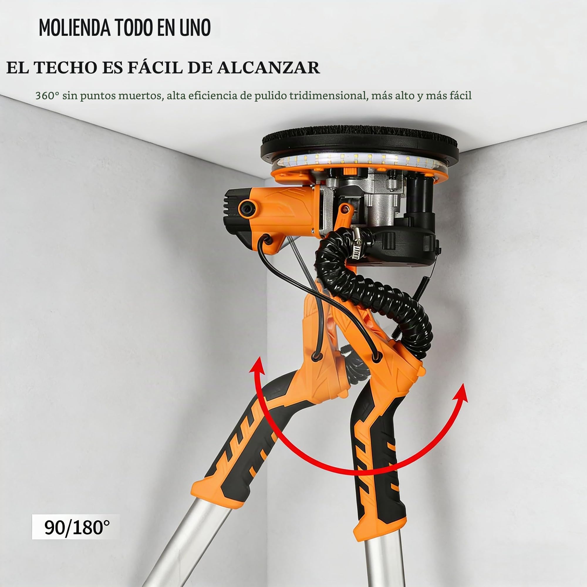 Lijadora Pared y Techo 1350W,Lijadora Jirafa con Aspirador,6 Velocidades Variables, Iluminación LED, Disco de Lijado, Diámetro 215 mm, Mango Telescópico, Incluye 6 Discos Abrasivos