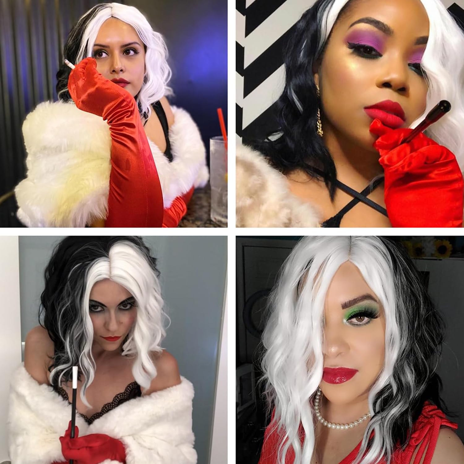 Parrucca Crudelia Demon,Cruella Parrucca in Bianco e Nero,Cruella Costume Set di Accessori,con Guanti Rossi Collana Di Pizzo Nero Maschera Per Gli Occhi,per Halloween,carnevale, cosplay, feste Parrucca Crudelia Demon,Cruella Parrucca in Bianco e Nero,Cruella Costume Set di Accessori,con Guanti Rossi Collana Di Pizzo Nero Maschera Per Gli Occhi,per Halloween,carnevale, cosplay, feste