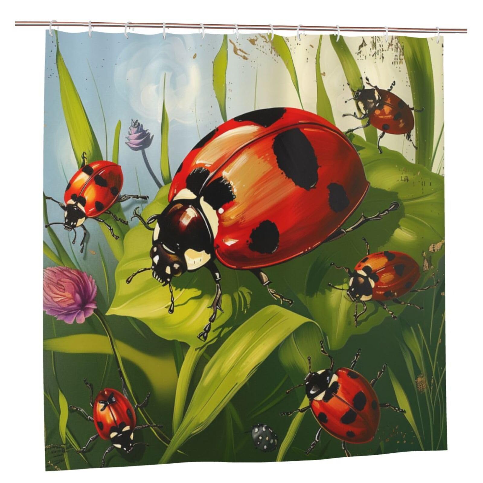 BWWHCCTI Ladybug Printed Shower Curtain With 12 Plastic Hooks Opaque Quick Drying Waterproof Shower Curtains Sets For Bathroom 183x183 CM