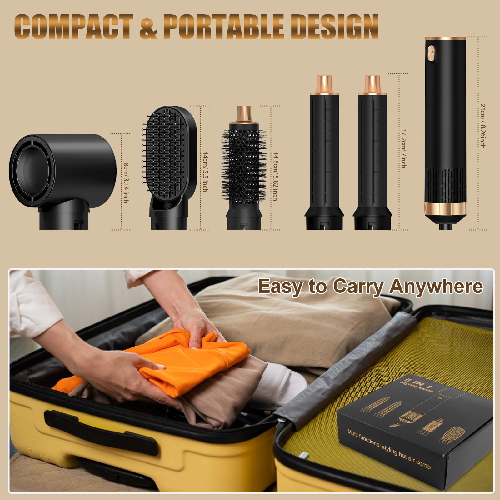 Brosse Soufflante 5 en 1, Seche Cheveux 1000W, Air Styler avec 5 Accessoires, Brosse Soufflante, Fer a Boucler, Thermal Brush, Brosse Lissante Seche Cheveux pour Sécher, Boucler, Lisser