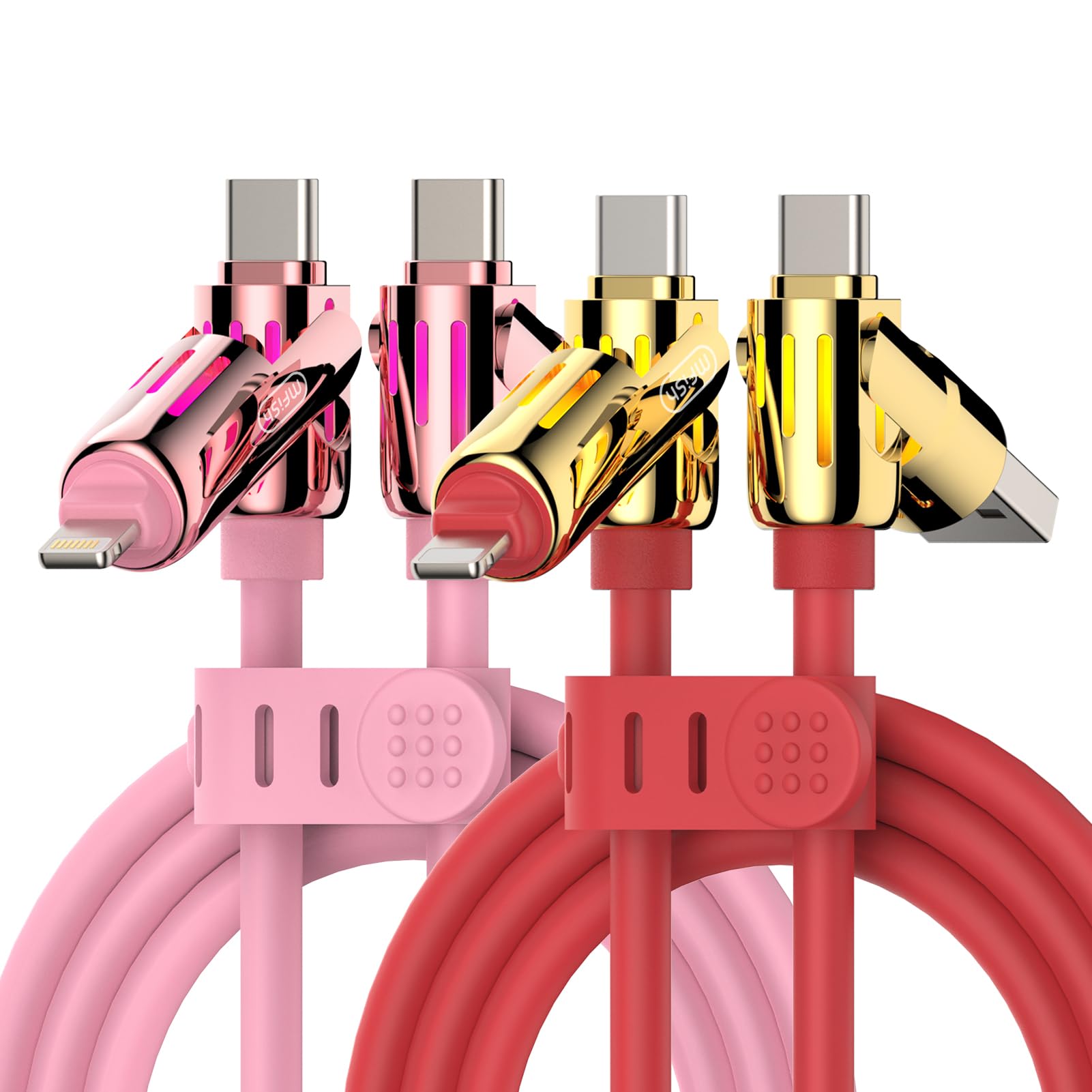 MFish Lot de 2 câbles de charge USB universels 4 en 1 240 W - Cordon de charge rapide pour iPhone 16/15/14/13, tablettes, ordinateurs portables, téléphones Android et plus (2 paquets, gris rose, 2 m)