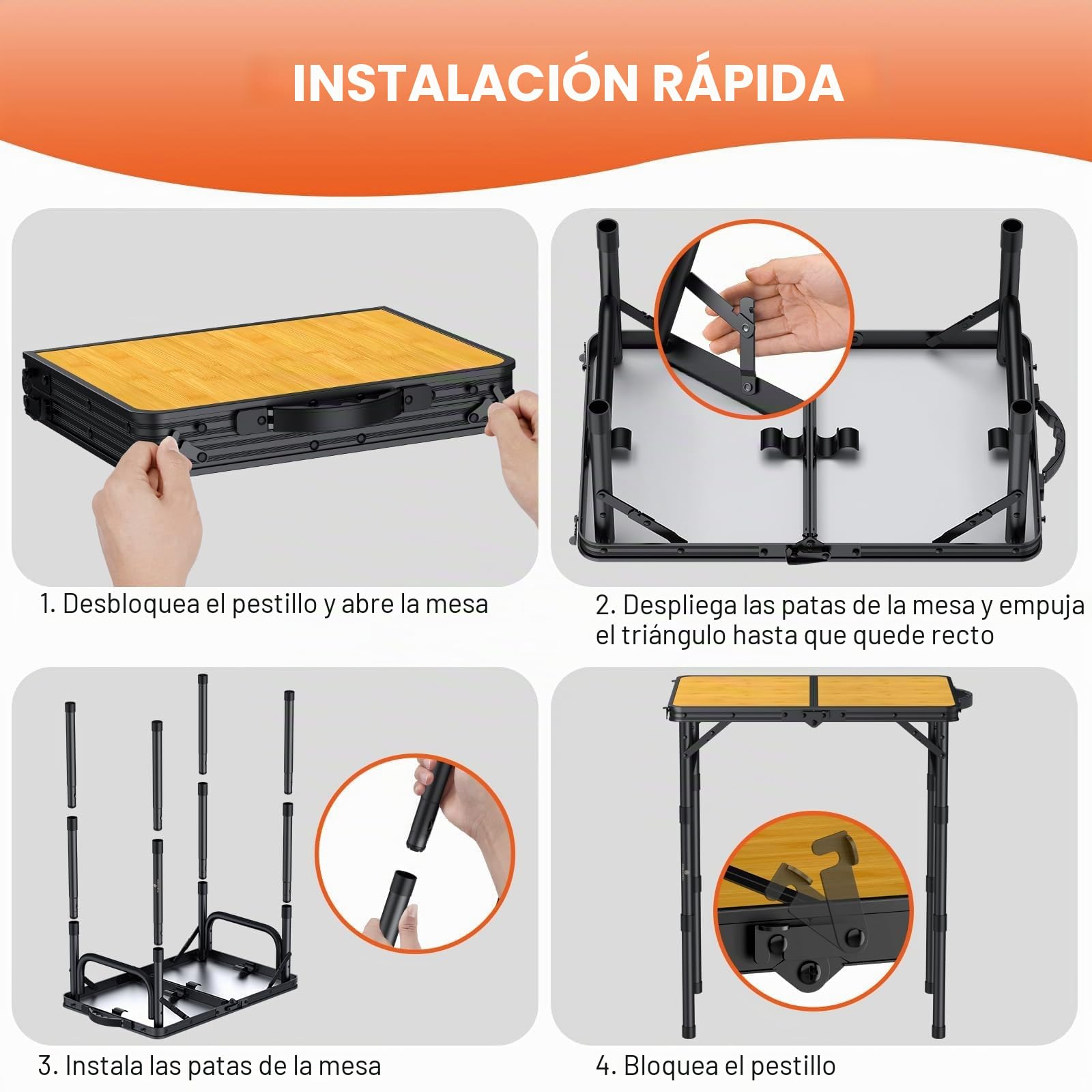 FUNYKICH Mesa de Camping Plegable 58 x 40 cm, Mesa Plegable Camping Portátil de Aluminio con 3 Alturas Ajustables (26/48/70 cm), Panel de MDF, para Picnic, Camping y Barbacoa, Ligero y Estable