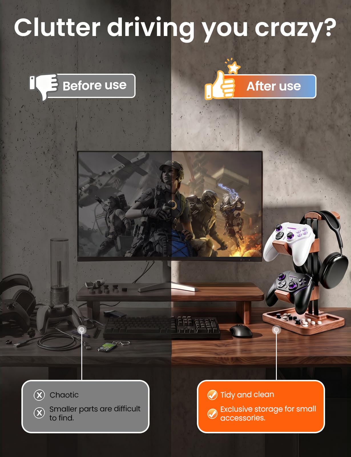 LOXP Supporto per cuffie e controller in noce, 2 in 1, in legno massello, con base di stoccaggio, adatto per controller Xbox PS5, organizer da scrivania per giocatori