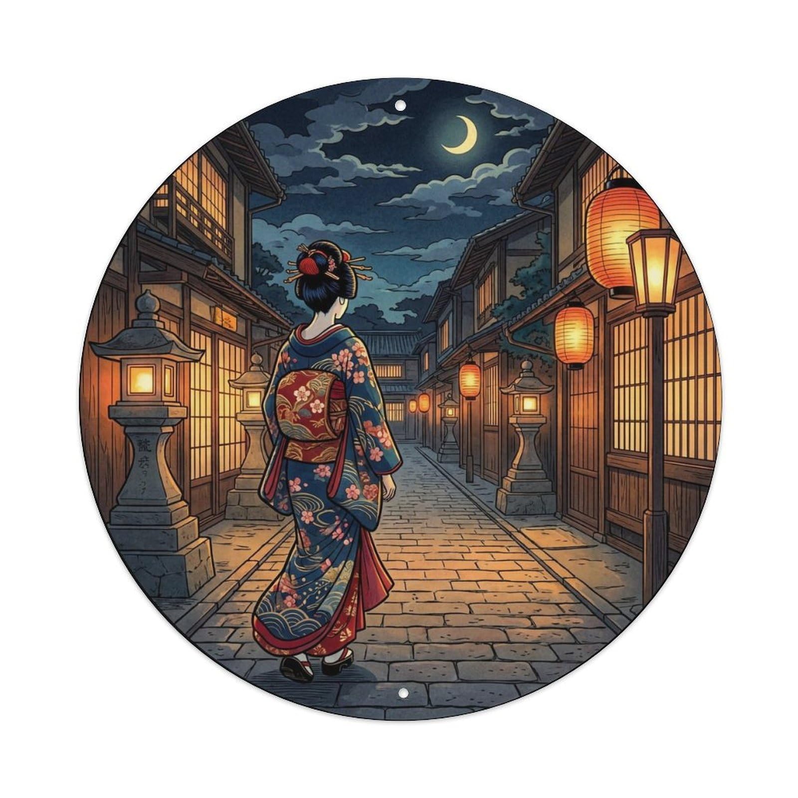 Yrnq 8X8inch Vintage Style Japanese Lantern Street Geisha Night Walk Metal Tin Sign