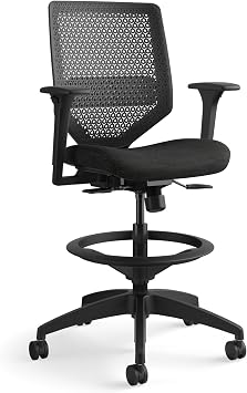 HON Solve Standing Desk Chair with Breathable ReActiv Mesh Back, Adjustable Lumbar Support and Footring, Ergonomic Task Stool with Height Adjustable Arms for SitStand Workstations, Black