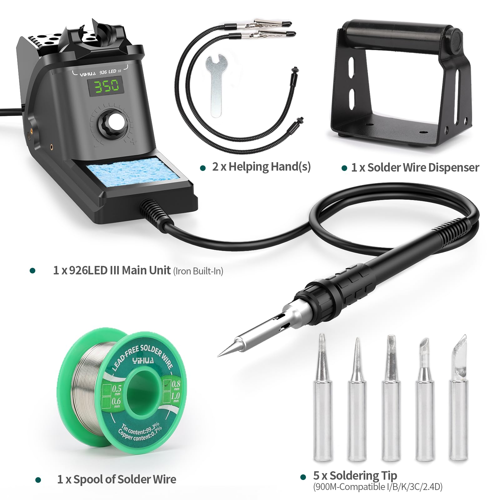YIHUA 926LED III Kit de Station de Soudage avec Mains d’Aide 10-en-1, Distributeur de Soudure, Fil à Souder sans Plomb, 5 Pointes de Soudure (EU Plug)