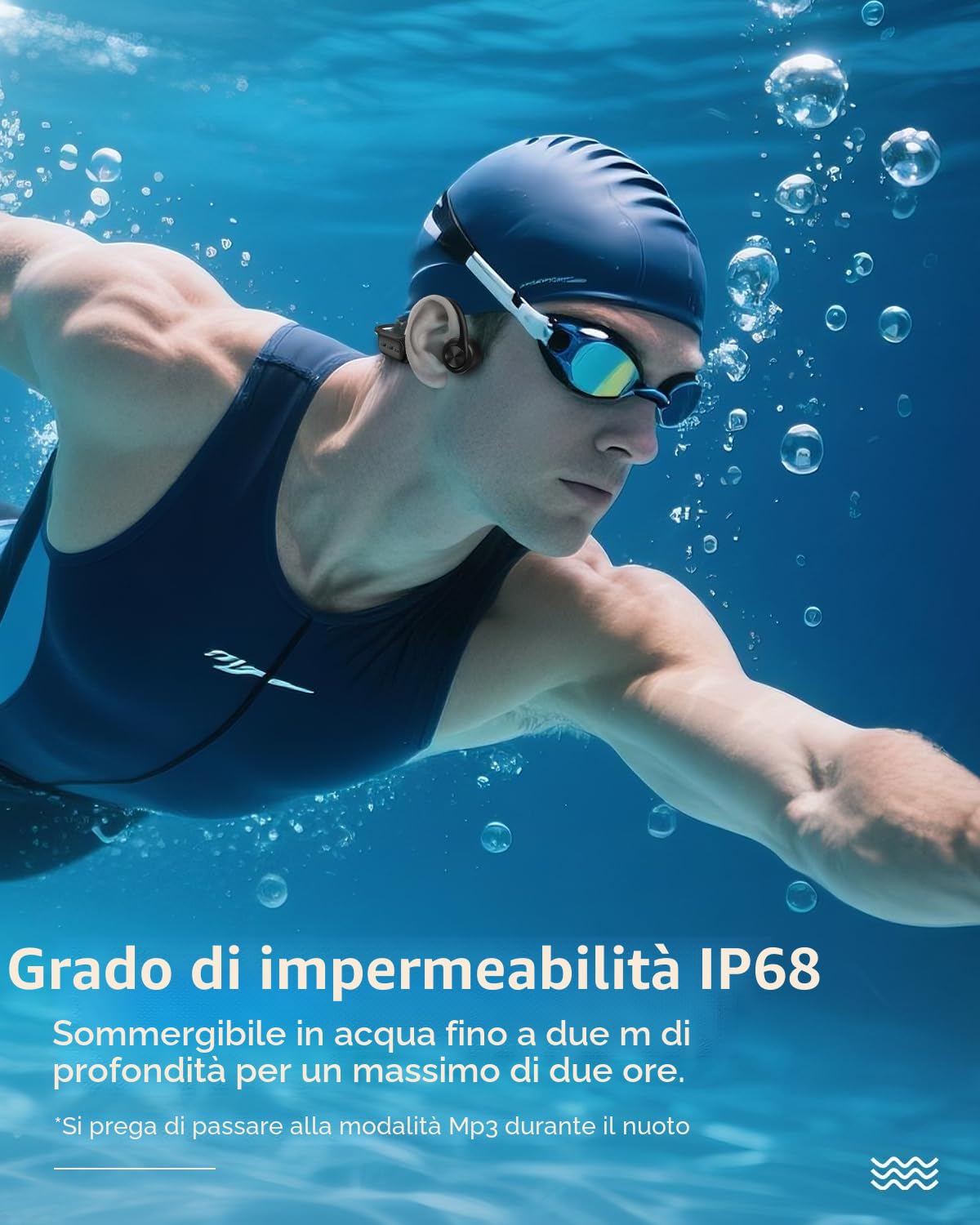 Wantek Cuffie Conduzione Ossea IP68 Impermeabili per Nuoto, Auricolari Sportive Bluetooth 5.4, MP3, 32GB, Comodo Silicone, Open-Ear per Corsa, Ciclismo, Palestra