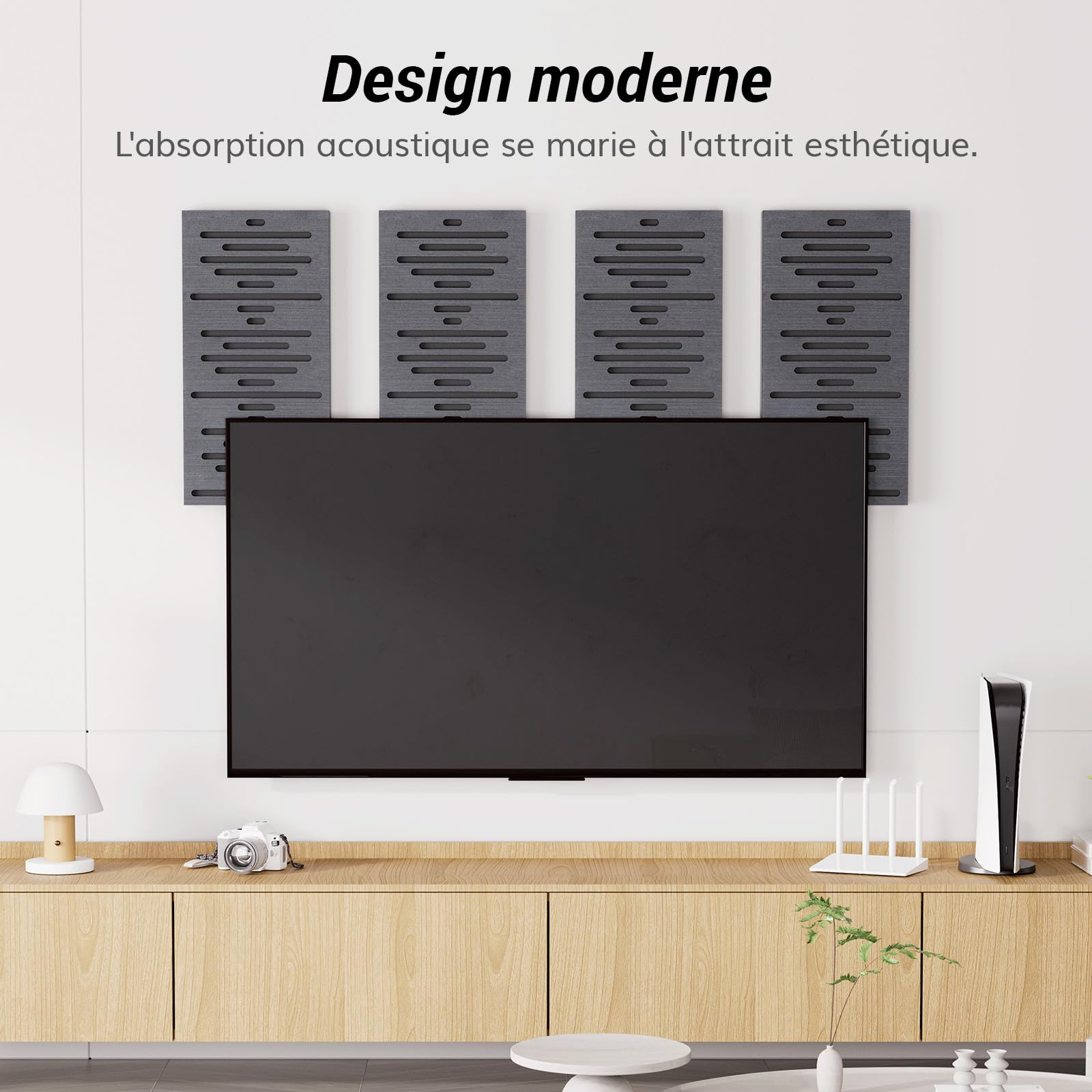 TONOR Lot de 4 Panneau Acoustique Mural, Mousse Panneau Acoustique Bois, Insonorisation Panneau Mural Mousse Anti Bruit pour Isolation Phonique pour Home, Studio, 60x30x4,7cm, Noir