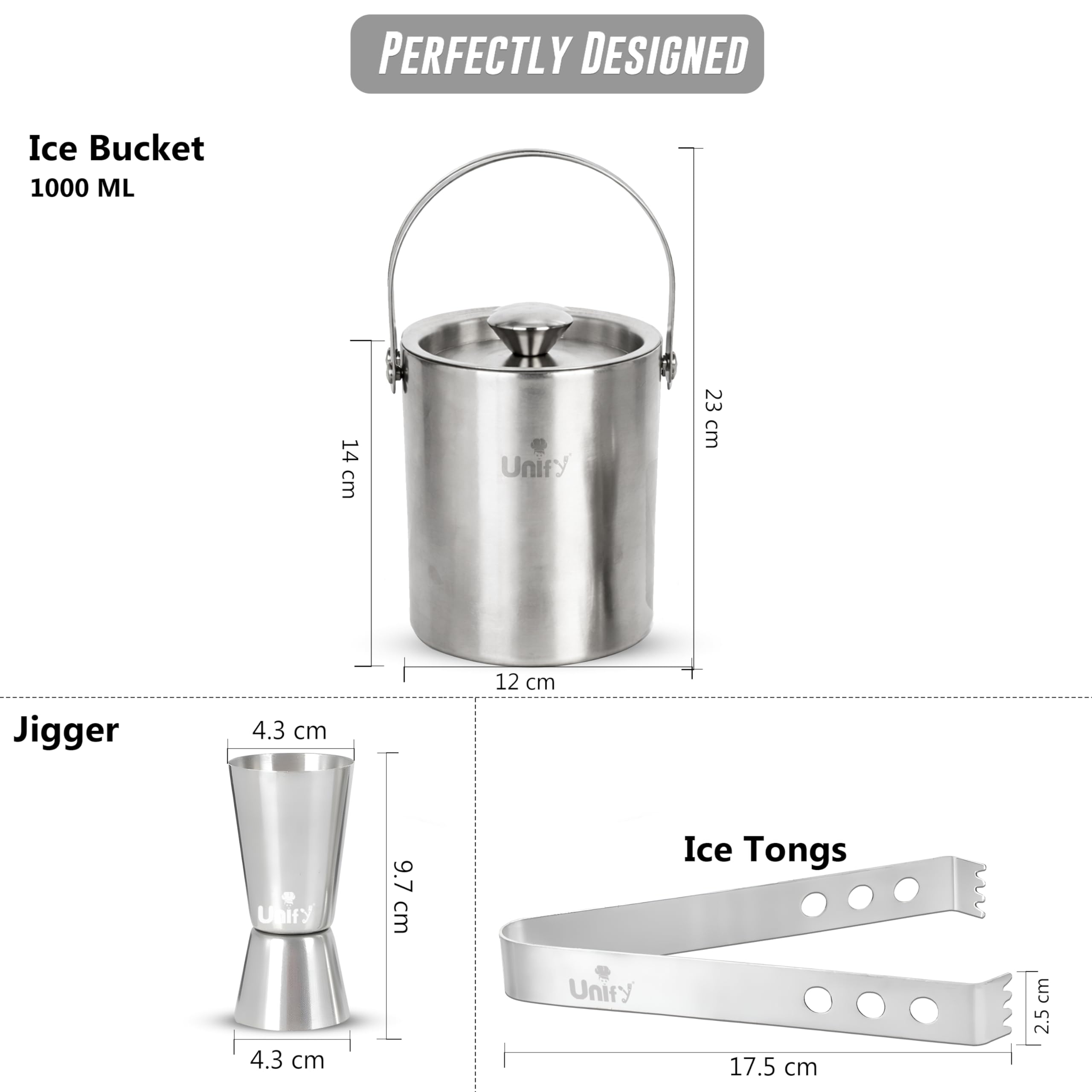 Unify 3 Pieces Stainless Steel Double Wall Ice Bucket Set (1 Litre) with Lid, Ice Tongs & 30/60 ml Peg Measurer | Insulated Ice Bucket for Home Bar, Parties & Cocktails, Bar Accessories — Amazon image 2