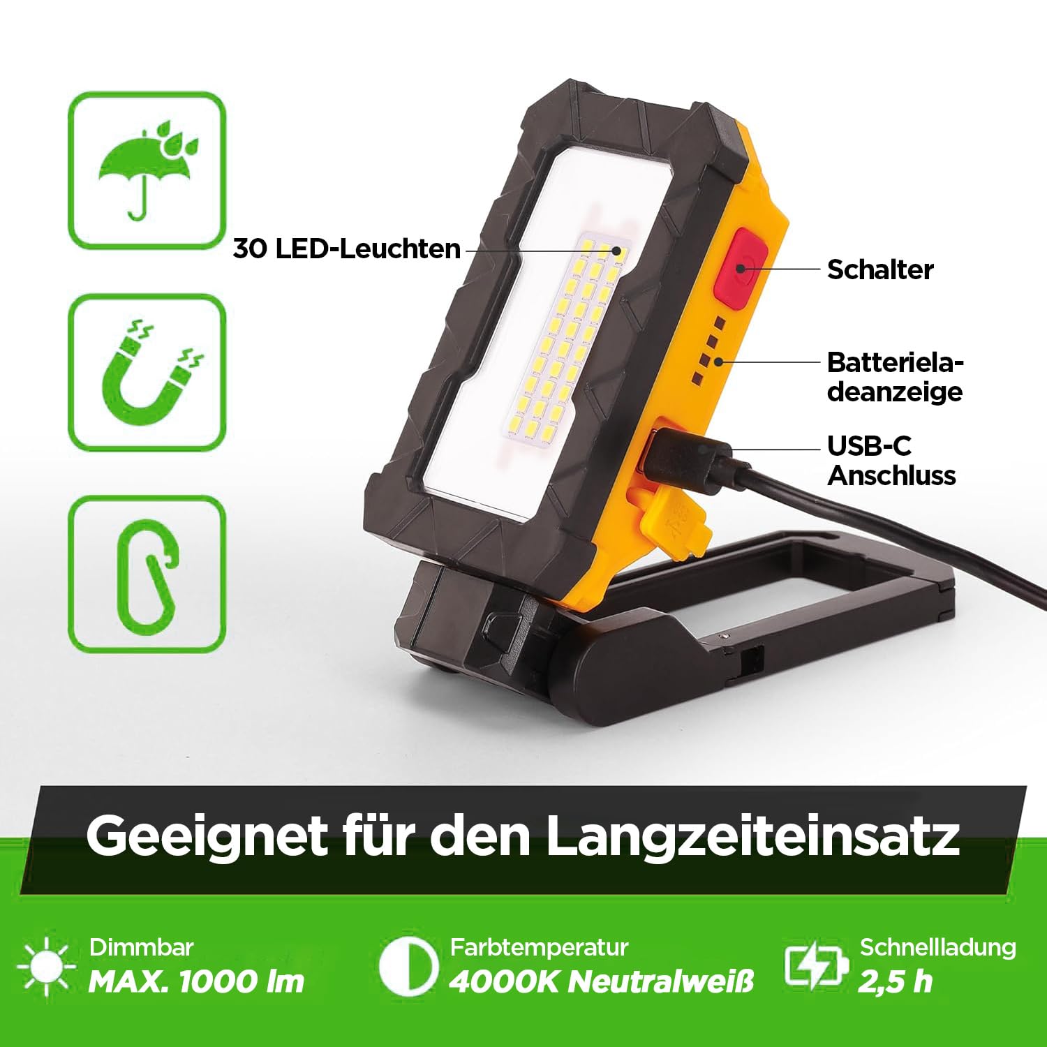 LUTEC Luce da lavoro ricaricabile, luce magnetica a LED da 1000 lumen, con base magnetica e gancio di sospensione, rotazione a 360° e rotazione di 200°, per riparazione auto, emergenza e campeggio (2)