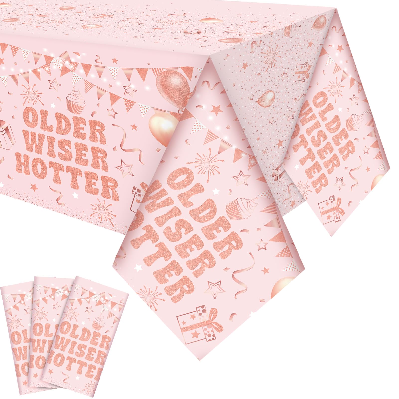 Oudain 3 Pcs Happy Birthday Tablecloth Plastic Older Wiser Hotter Tablecovers Birthday Party Decoration 54 x 108 Inch Disposable Tablecloth for Women
