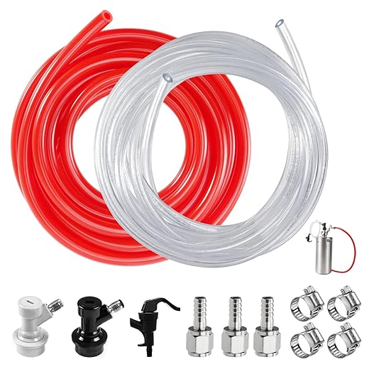 3FT 5/16 Beer Line Tubing & 5FT 5/16 CO2 Gas Line & 1Pair Ball Lock Keg Connectors & 1 Picnic Tap,Cuttable PVC Draft Beer Kegerator Line CO2 Regulator Gas Line Barb Fitting Hose Clamps Kegerator Parts