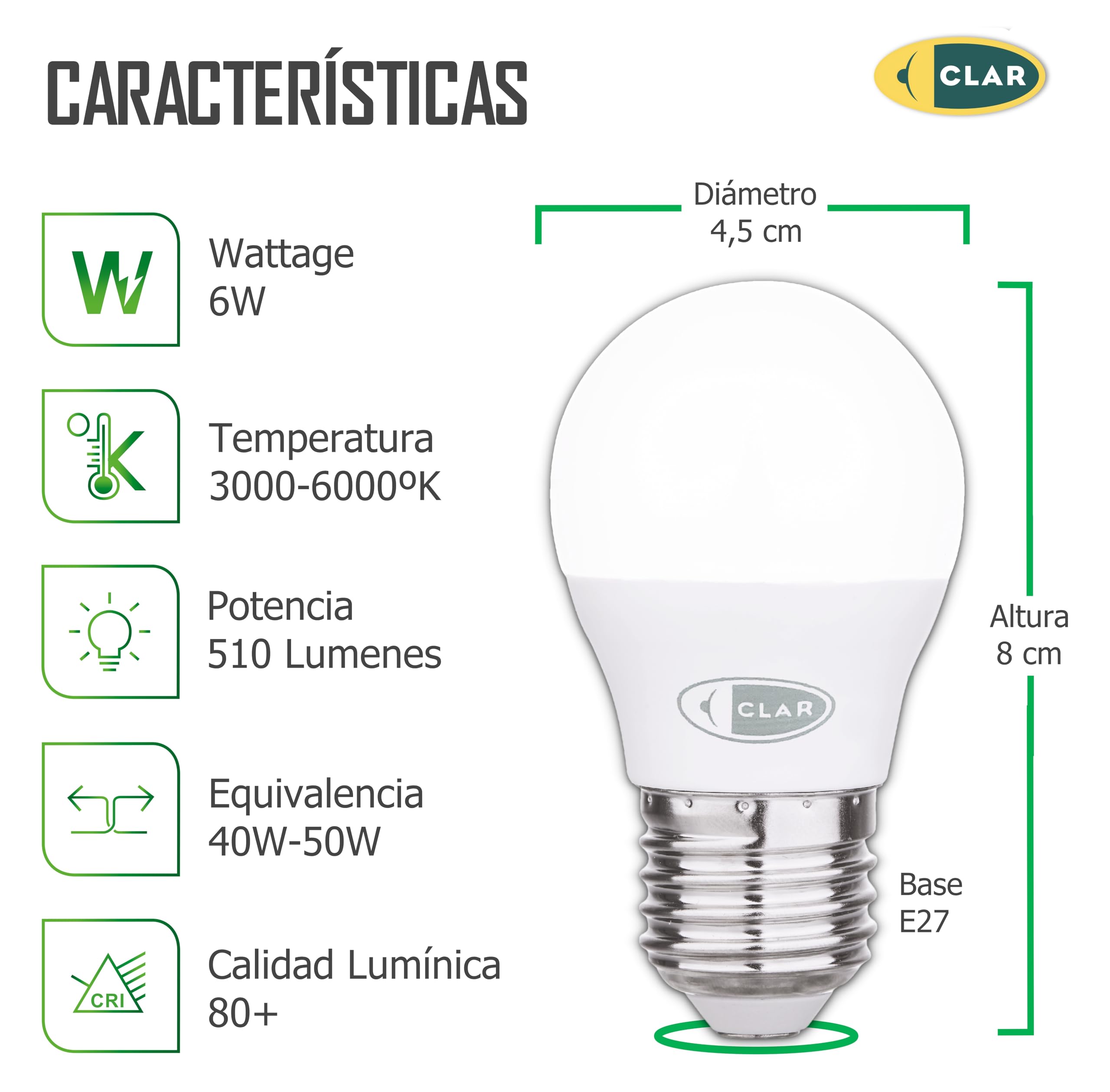 CLAR - Bombilla LED E27 4000K, Bombilla LED E27 Pequeña, G45 6W (Pack 100)