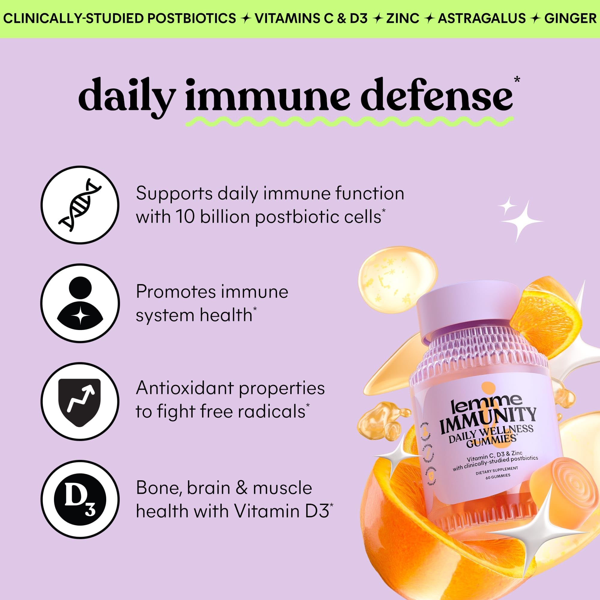 Lemme Immunity Postbiotic Gummies with Vitamin C, Vitamin D (2000 IU), Zinc, 10 Billion Postbiotic Cells, Astragalus for Immune Support - Vegetarian, Gluten Free, Sweet Orange (60 Count)