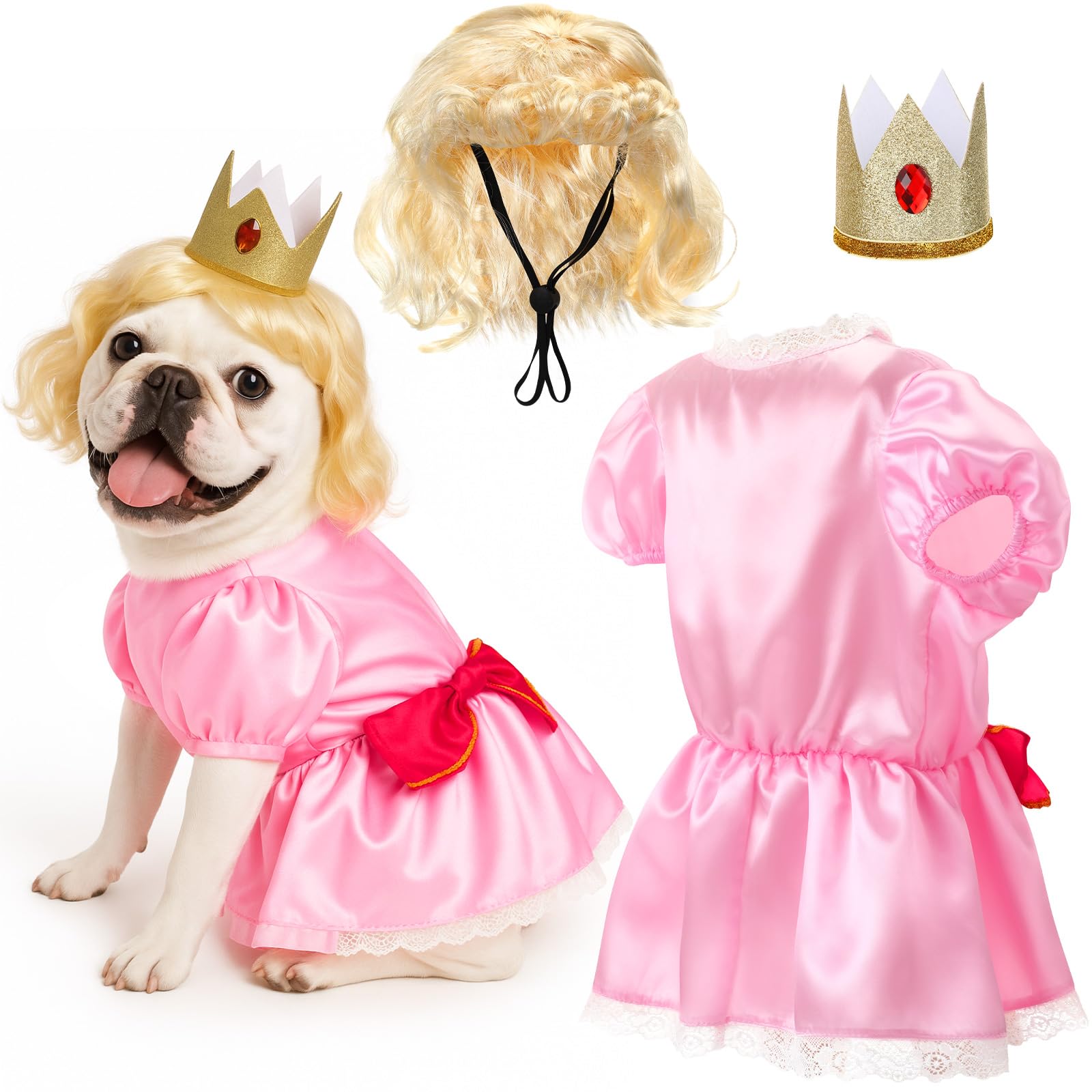Photo 1 of Huhumy 3 Pcs Halloween Princess Pet Costume Set, Pink Princess Pet Costume Including 1 Pink Dress, 1 Golden Wig, 1 Crown for Cosplay, Halloween Costumes, Small to Medium Body Types