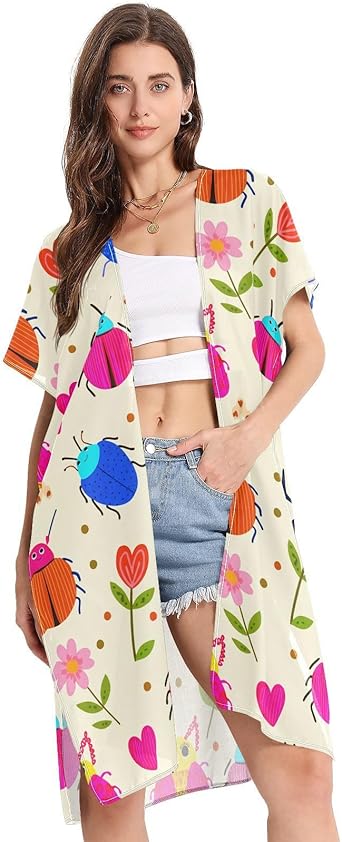 Beetle Flower Heart Beige Beach Cover Ups Long Summer Cardigans Kimonos Swimsuit Cover Up for Women Boho,S