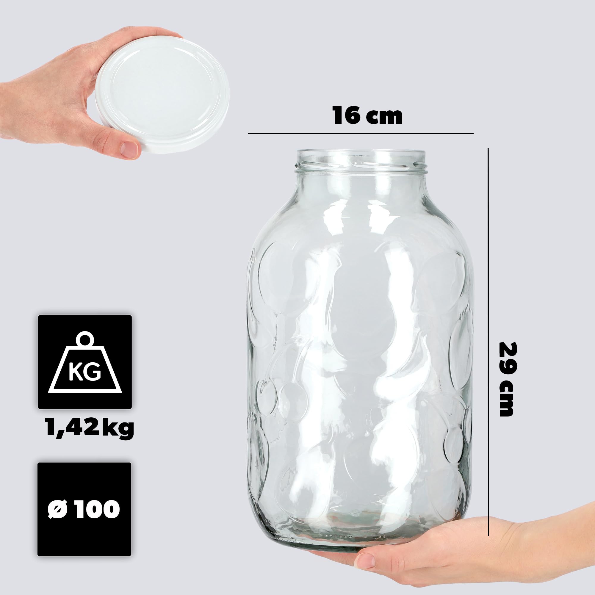 KADAX Lot de 6 tarros de cristal redondos para conservación - 5 l - Con tapa de rosca - Para mermelada, conserva, etc. - Blanco