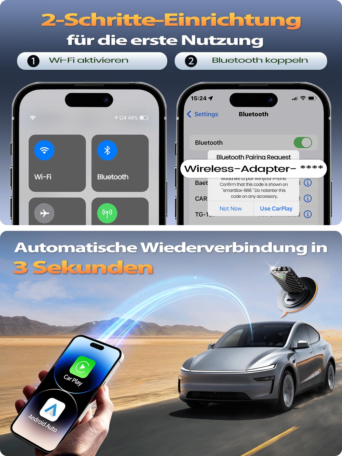 Mini CarPlay Wireless Adapter für Apple iPhone, Android Auto Wireless Adapter mit Auto GPS Navigation, Karbonfaser Design, Metall USB-A/C, Schnell & Stabil, Kompatibel mit iPhone (iOS 10+)/Android 10+