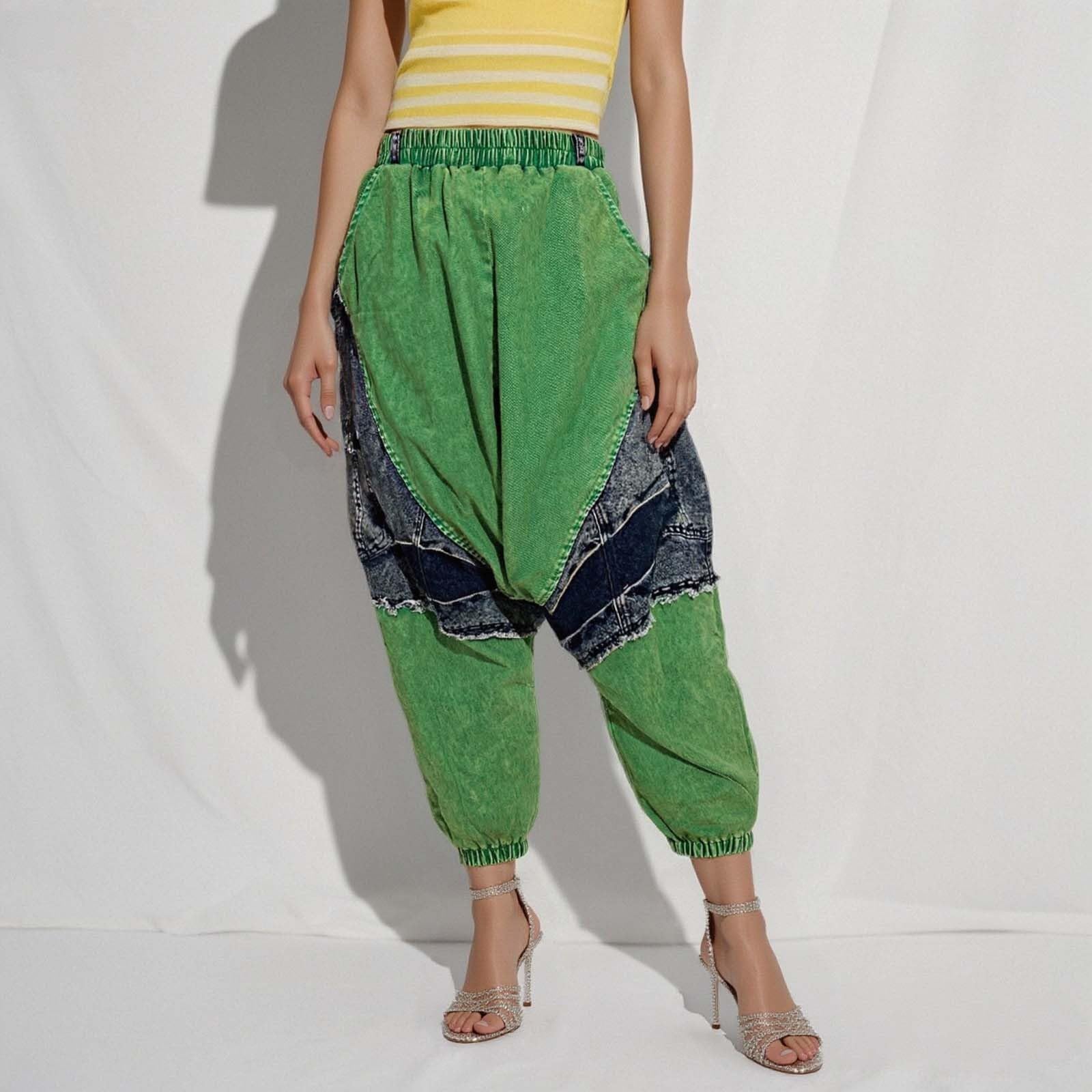 Pantalones harén hip hop para mujer, pantalones de patchwork, pantalones bombachos, pantalones de Aladino, pierna ancha, hippie, pantalones de mezclilla, pantalones informales, pantalones Goa con