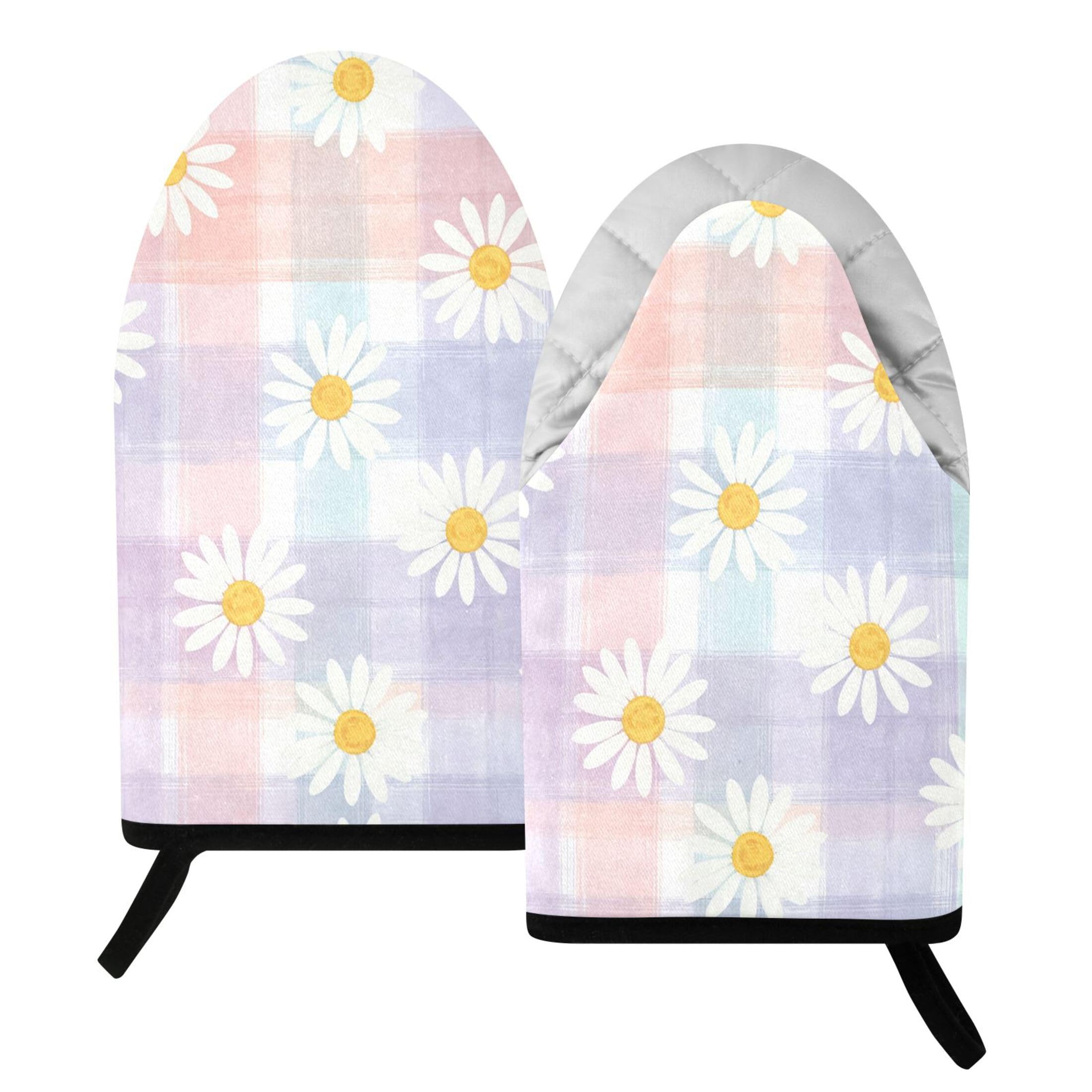 Kutsu Daisy on Plaid Oven Mitts for Kitchen, Heat Resistant Cotton Oven Gloves for BBQ Baking Cooking, Breathable Kitchen Essentials, 2 pcs