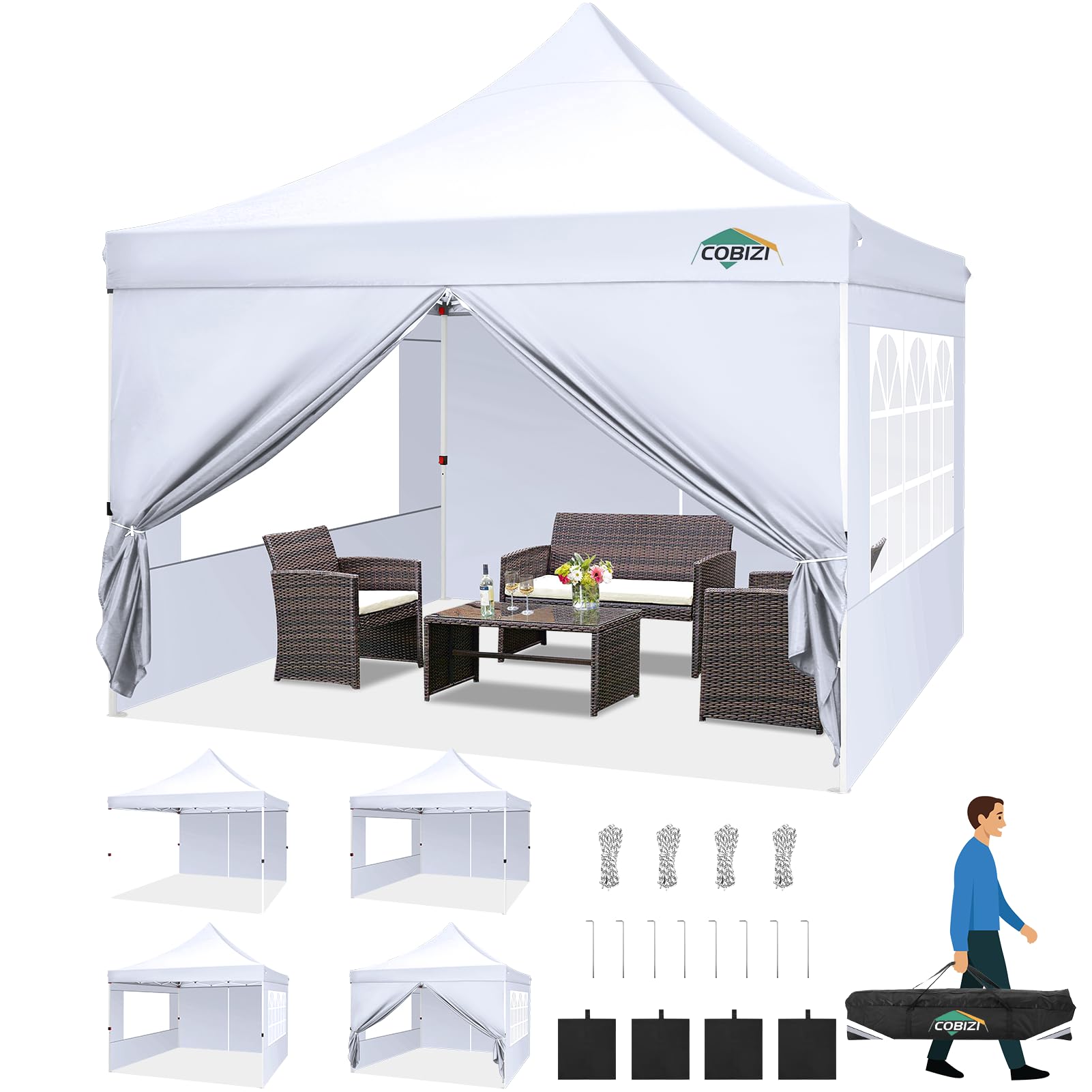 Tooluck - Tenda a baldacchino pop-up con pareti laterali, impermeabile, per feste commerciali, riparo istantaneo, 50+, protezione UV, tende da giardino per feste, campeggio, con sacchi di sabbia