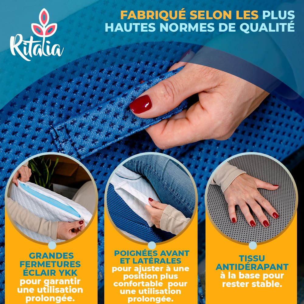 Ritalia Coussin REHAUSSE Jambes Coussin orthopédique pour surélever Les Jambes au lit ou canapé, 3 hauteurs réglables, Mousse mémoire de Forme, Housse Respirante Lavable