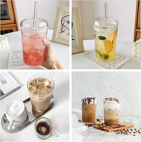 Miniatura 5 de Vaso de vidrio de 16 onzas con popote y tapa, taza de vidrio transparente con tapa, vasos resistentes al calor, vaso de cúpula para café, batido de