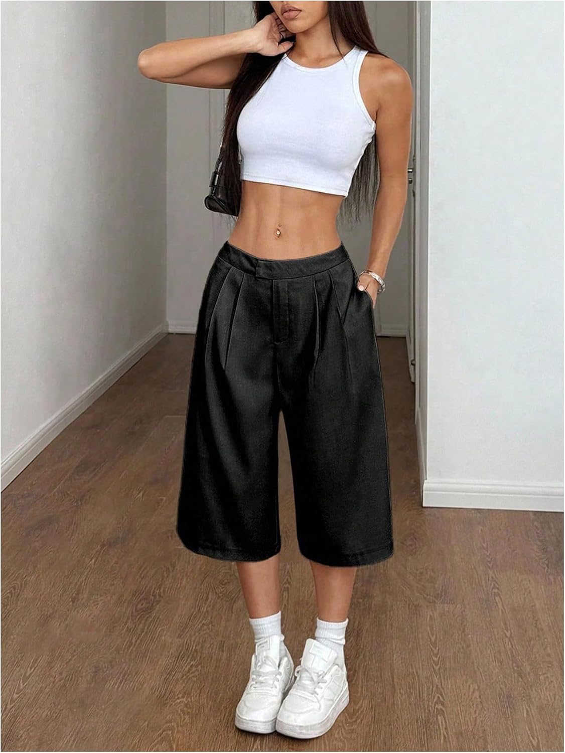 OYOANGLE Women's Pleated Bermuda Cropped Pants Low Waisted Loose Wide Leg Dressy Shorts with Pocket - Image 5