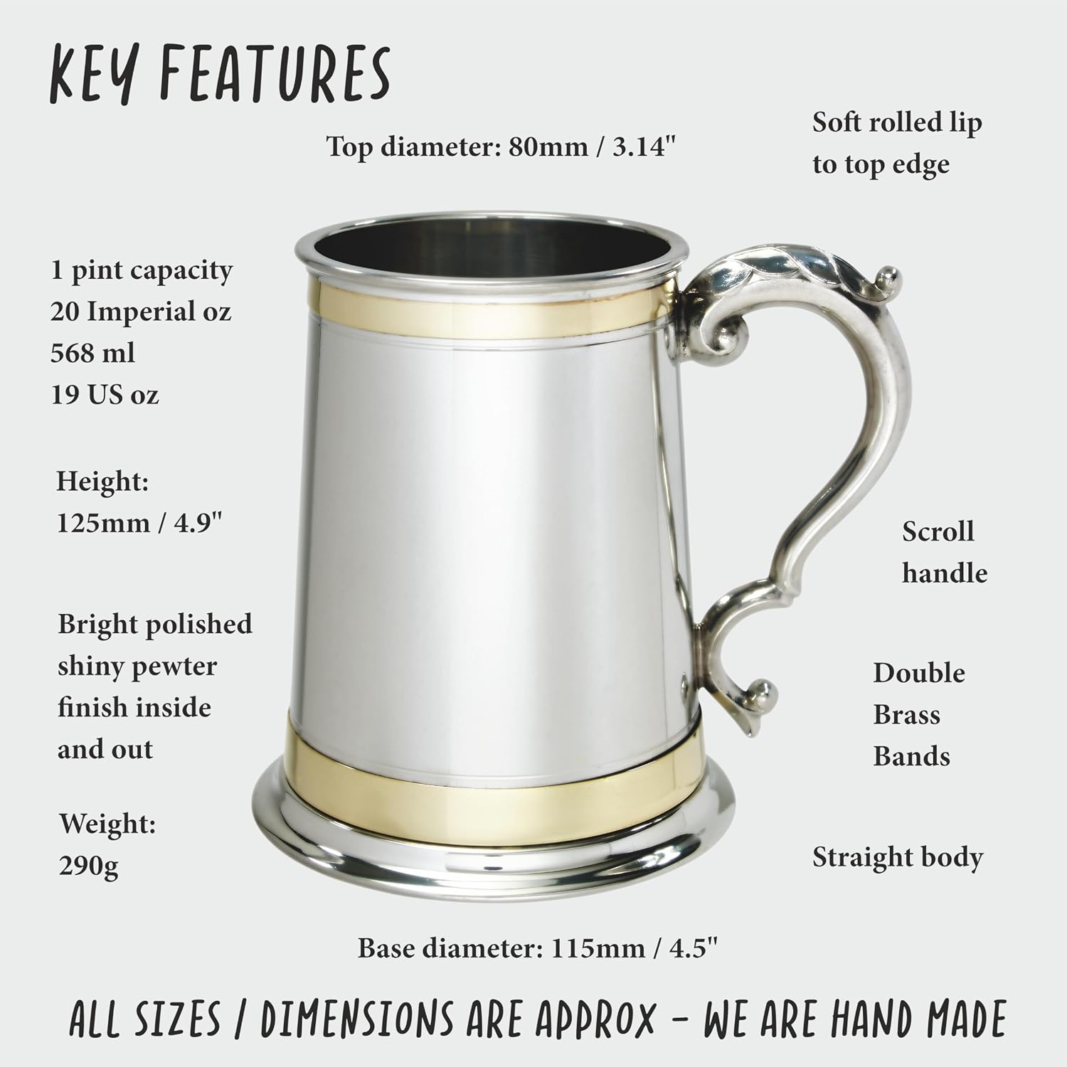 Wentworth Pewter 1 pint Double Brass Band Monarch Tankard (Customized)