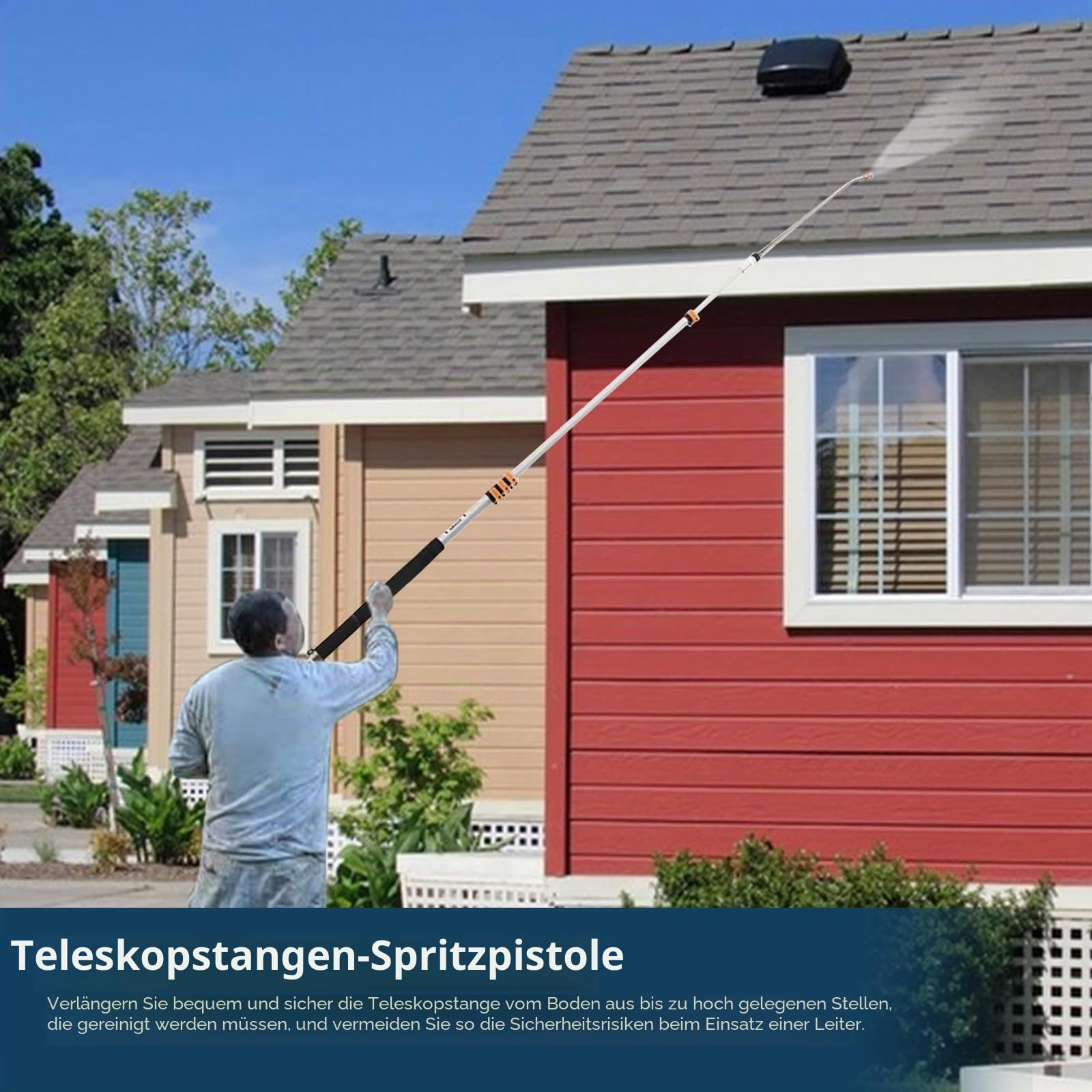 Teleskop Hochdruckreiniger Zauberstab, 7,3 m Hochdruckreiniger Sprühstab Set mit 7 Sprühdüsenspitzen, Bürstenkopf, Dachrinnenreiniger, 2 Schlauchadaptern und Stützgurt