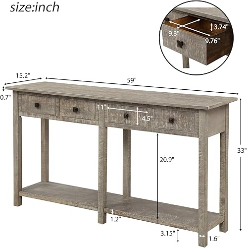 Miniatura 7 de P PURLOVE Mesa de consola retro de 59 pulgadas, mesa larga y delgada para sofá con 4 cajones y carcasa inferior para sala de estar